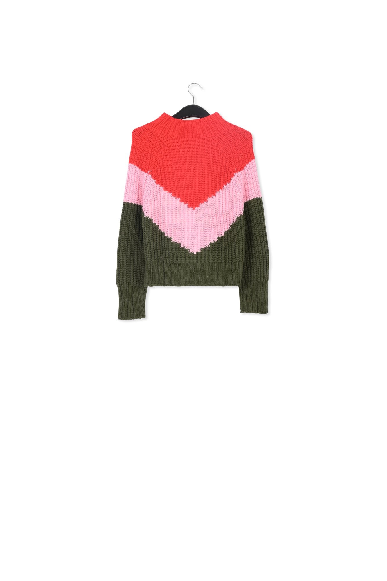 Pull tricoté à  motif v kaki, rose et rouge RE—SSENTIEL | Essentiel second hand