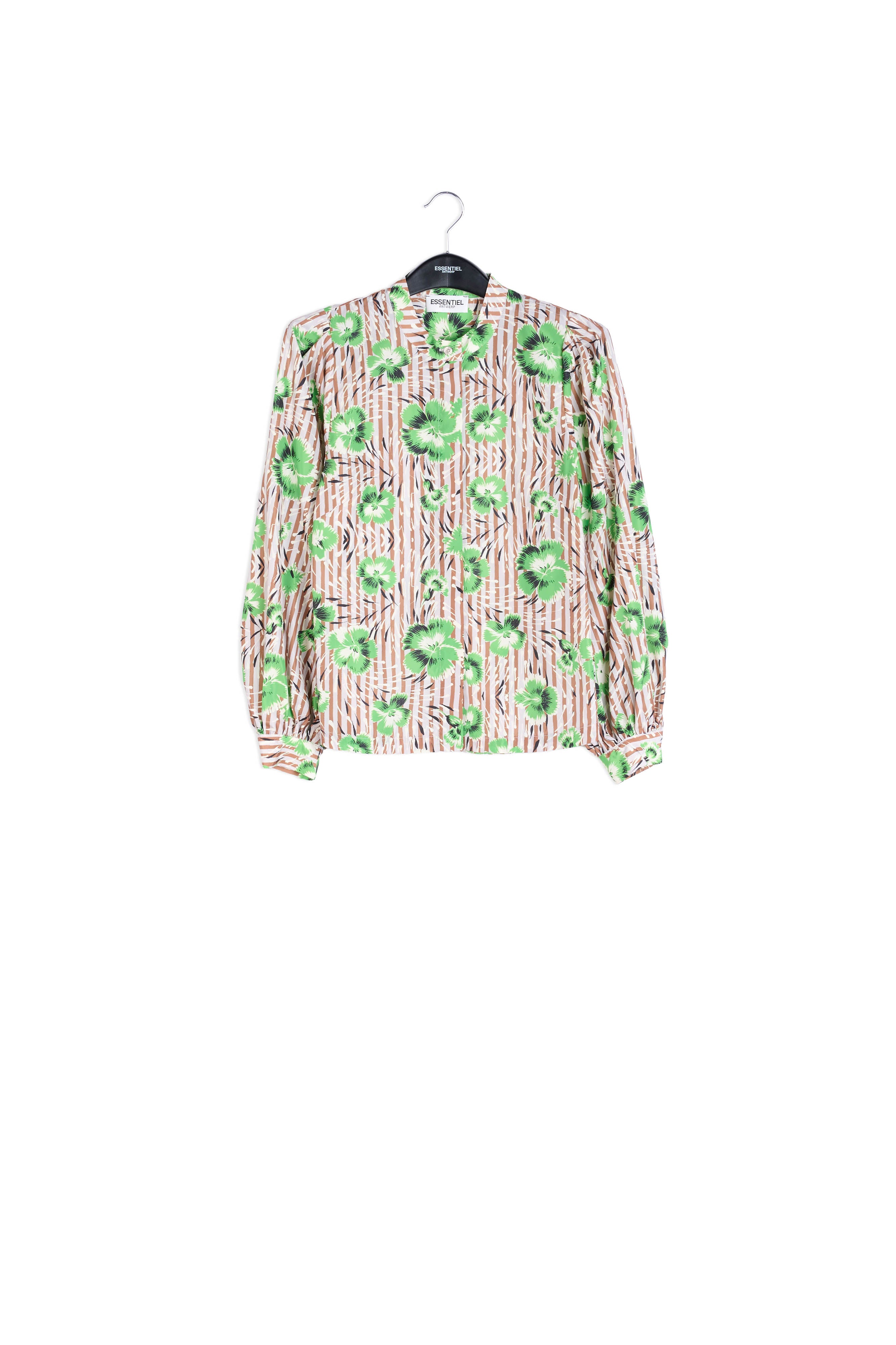 Stripe and green floral print puffed-sleeve top RE—SSENTIEL | Essentiel second hand