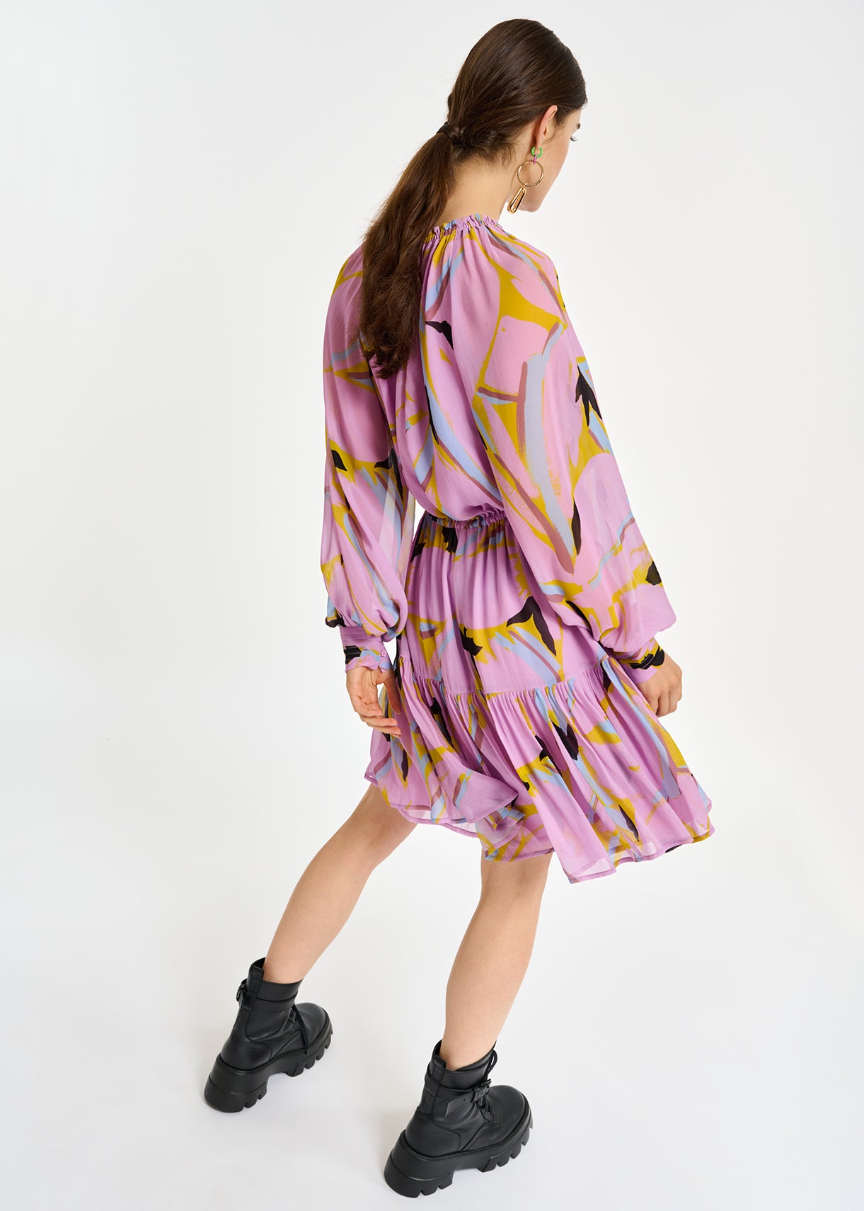 Mini-robe lilas à imprimé abstrait et manches bouffantes RE—SSENTIEL | Essentiel second hand