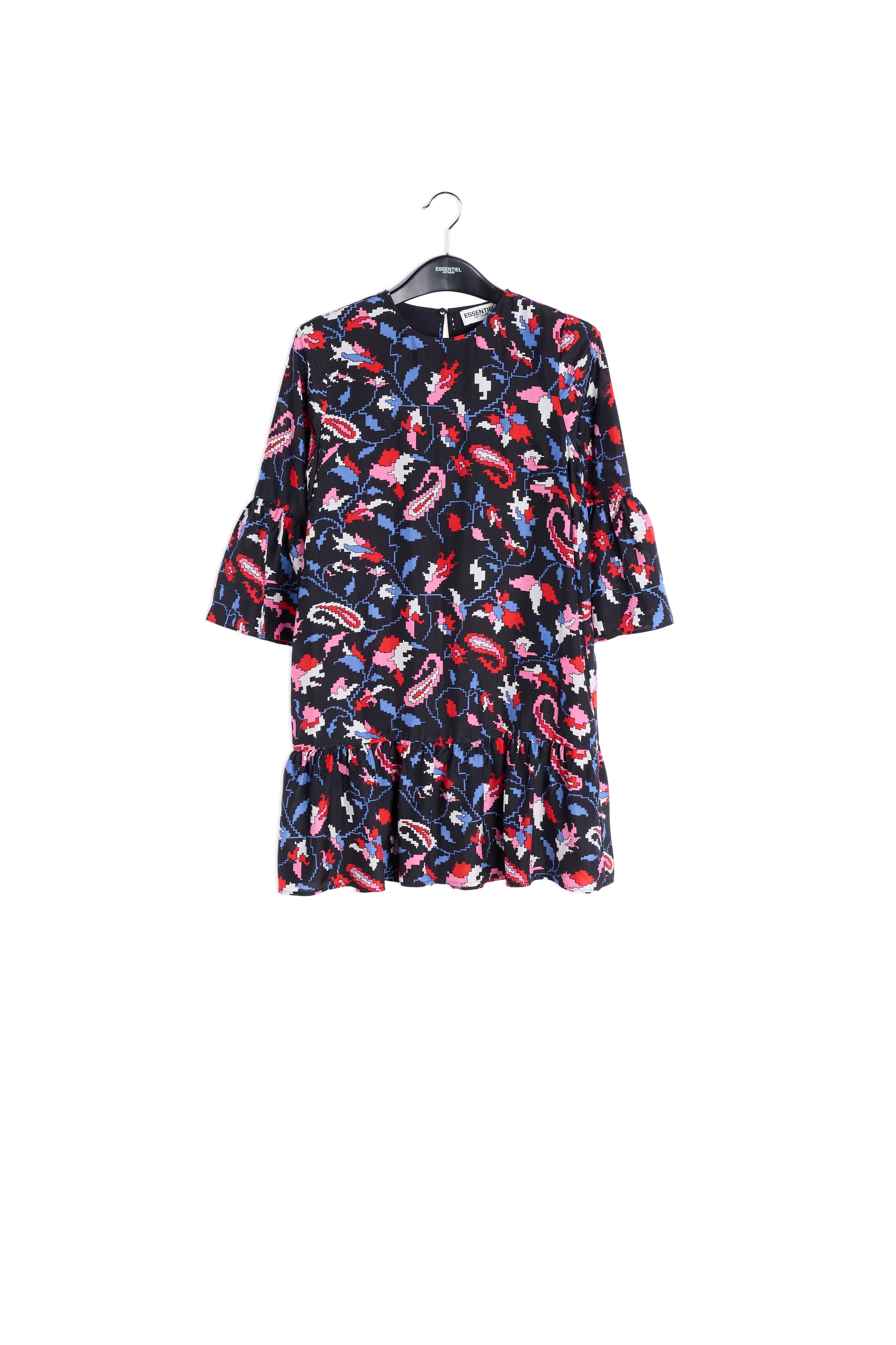 Bruine zijden gebloemde mini-jurk RE—SSENTIEL | Essentiel second hand