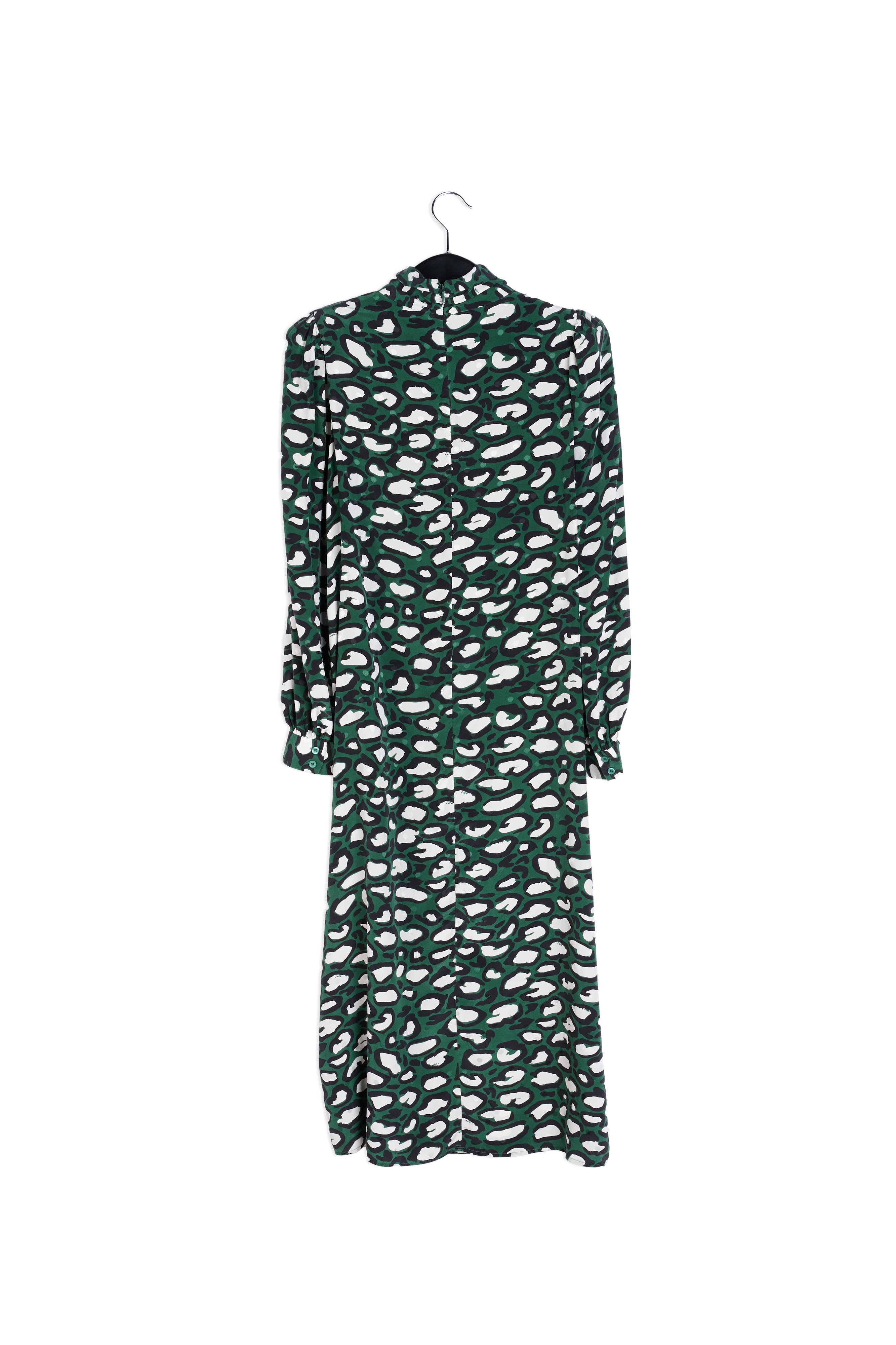 Flesgroene zijden midi-jurk met opstaande kraag en luipaardprint RE—SSENTIEL | Essentiel second hand
