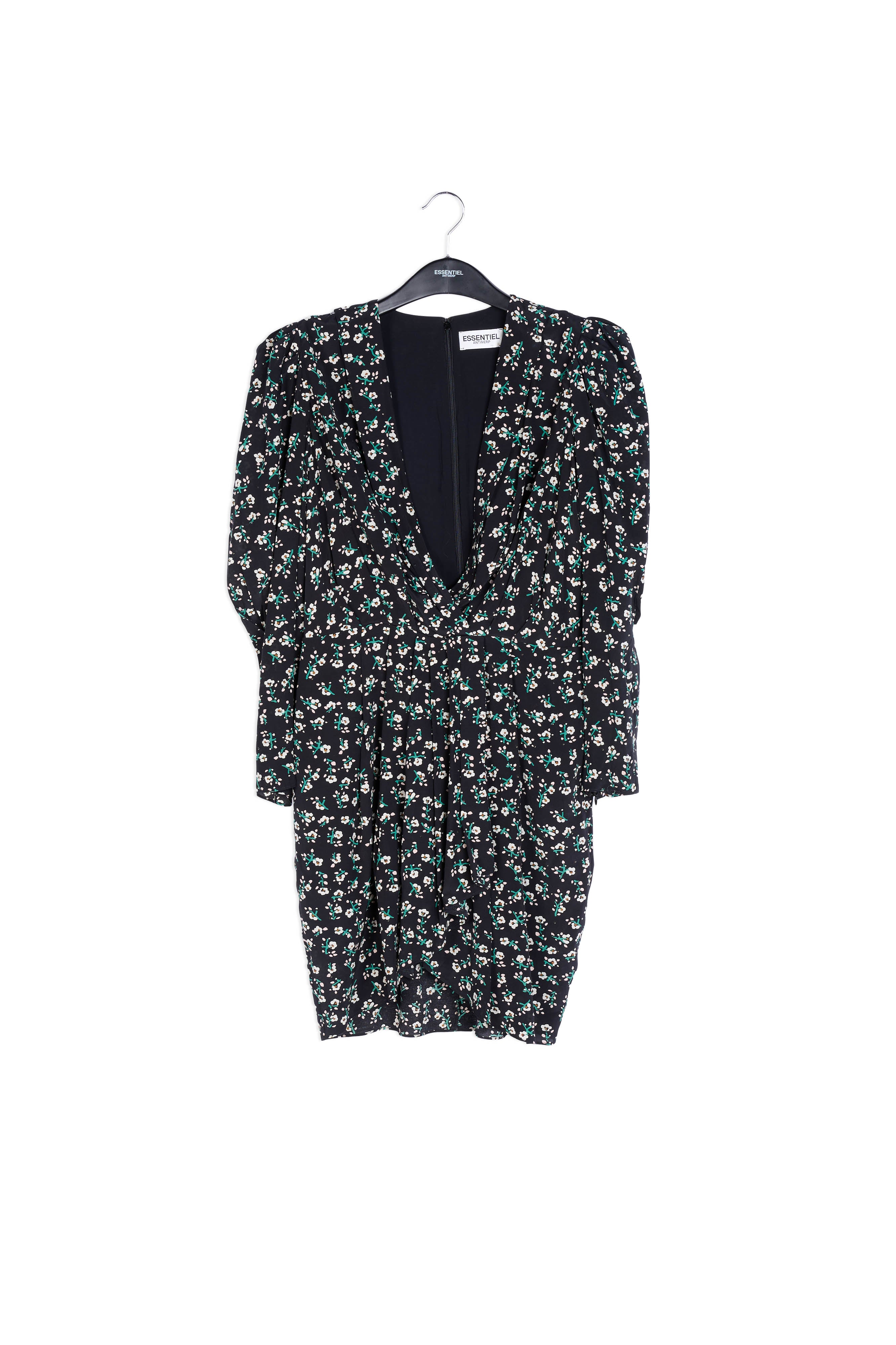 Zwarte miniwikkeljurk met bloemen RE—SSENTIEL | Essentiel second hand
