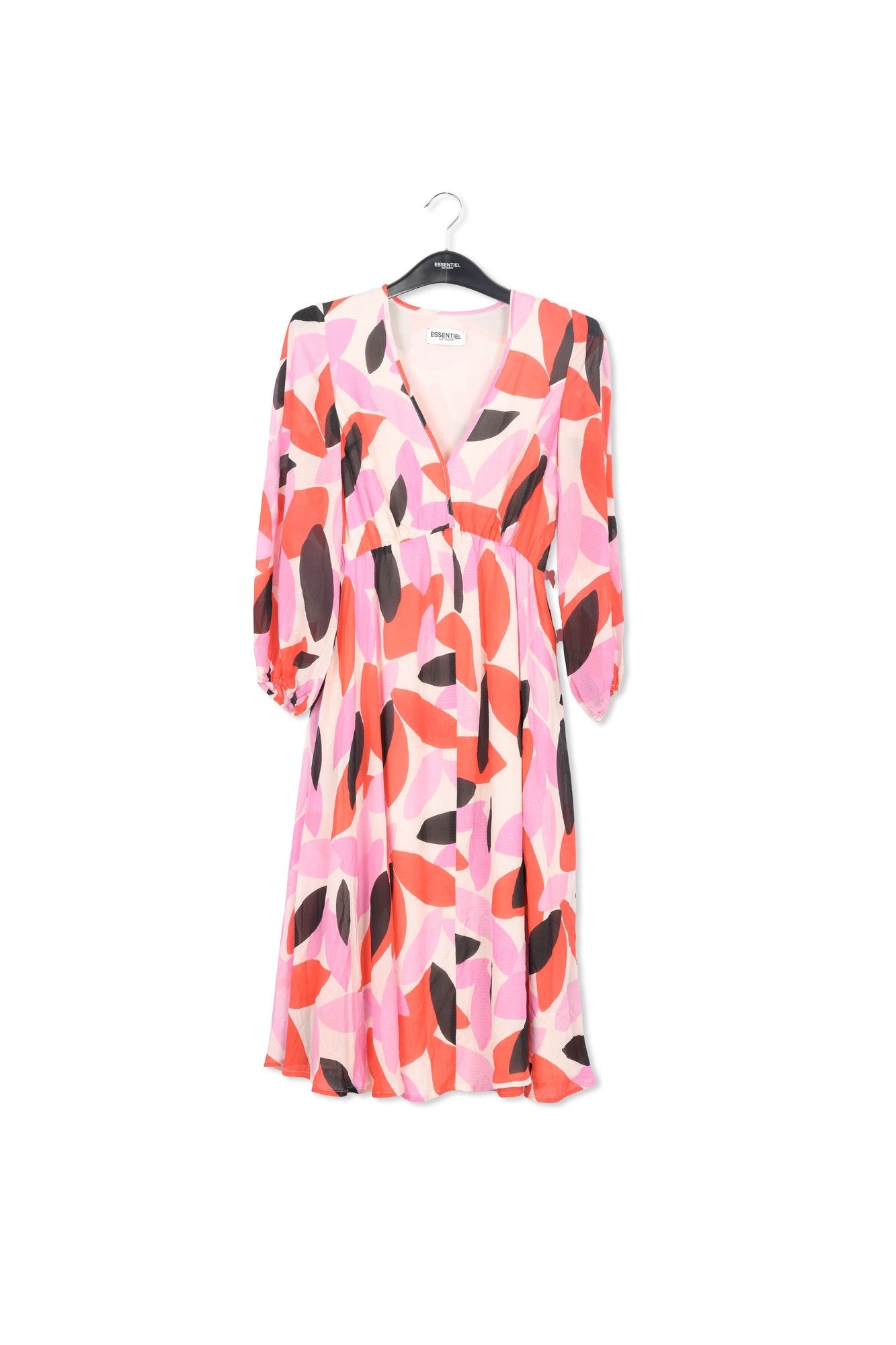 Midi-jurk met abstracte print in gebroken wit, rood en roze RE—SSENTIEL | Essentiel second hand