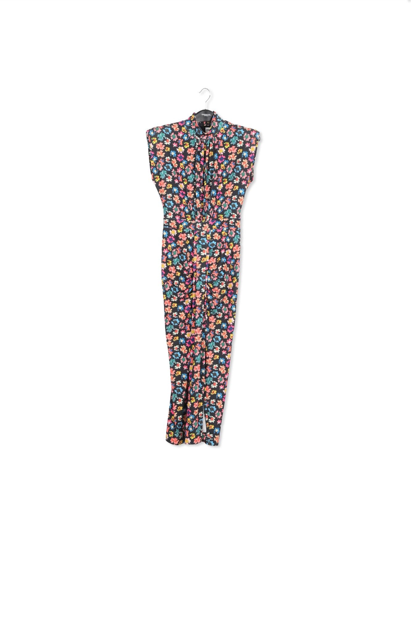 Black stretch-jersey midi dress with multicolor floral print RE—SSENTIEL | Essentiel second hand