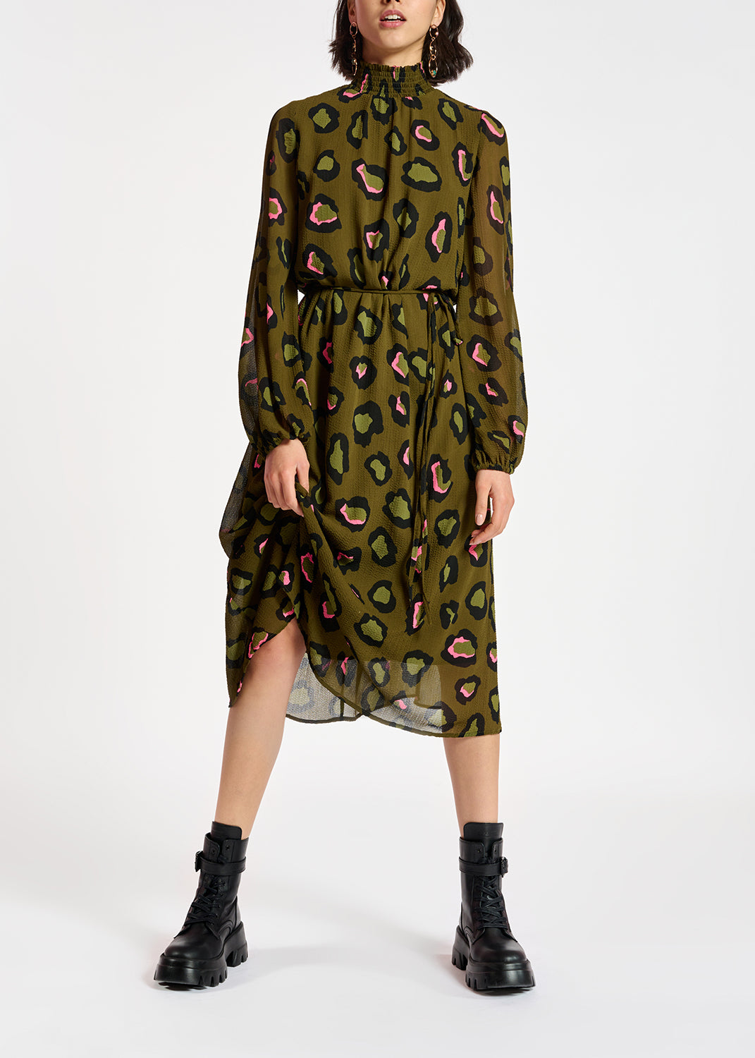 Kaki midi-jurk met luipaardprint RE—SSENTIEL | Essentiel second hand