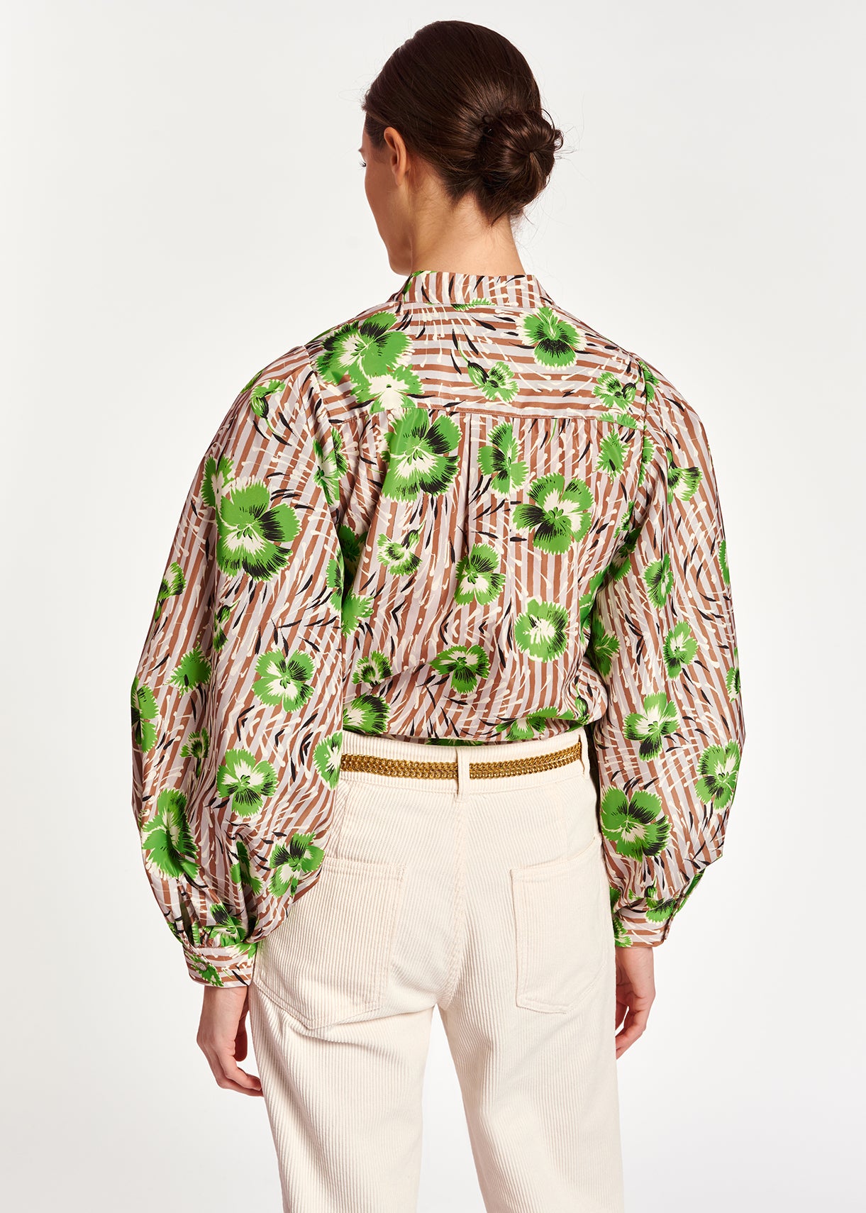 Stripe and green floral print puffed-sleeve top RE—SSENTIEL | Essentiel second hand