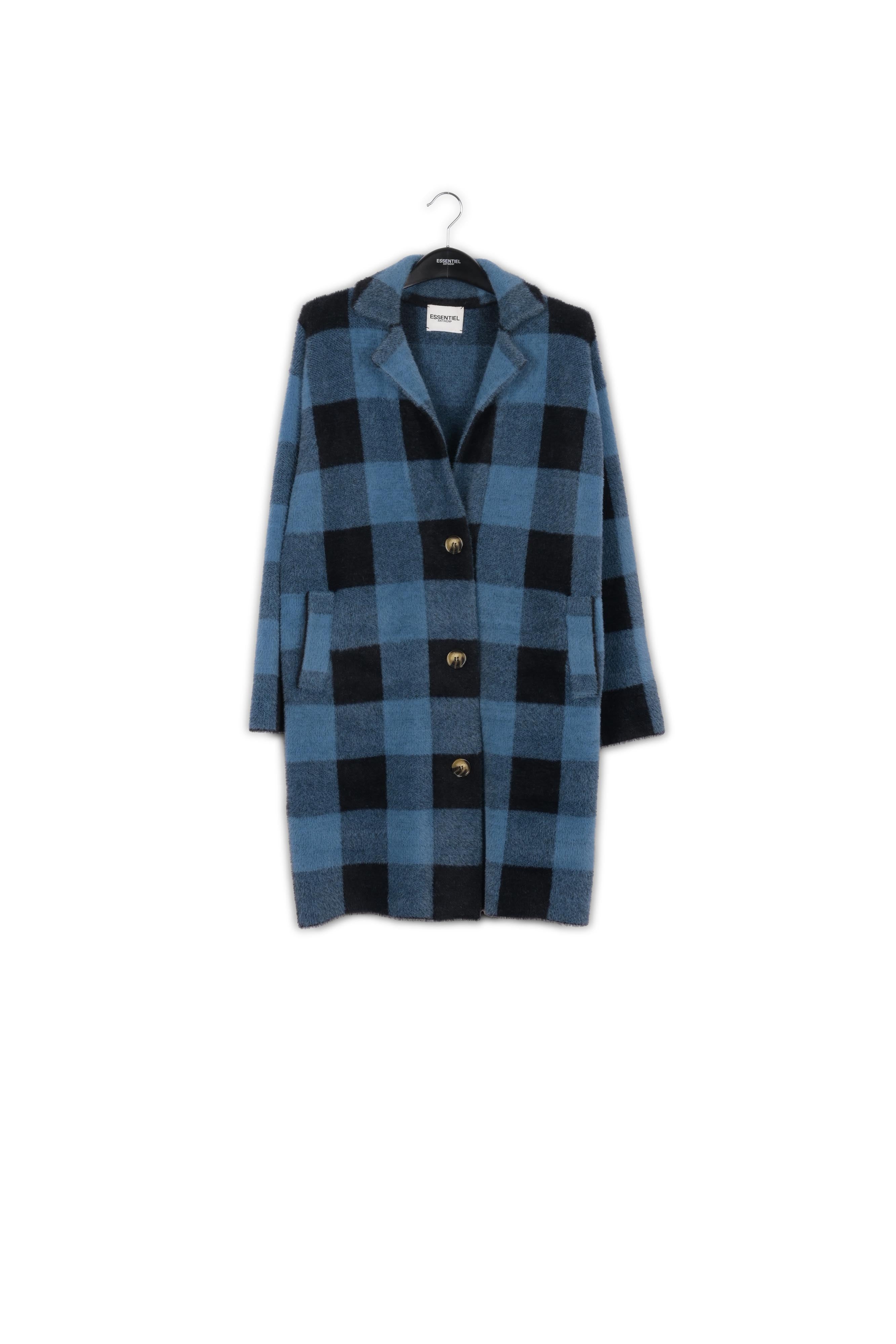 Black and blue check knitted coat RE—SSENTIEL | Essentiel second hand
