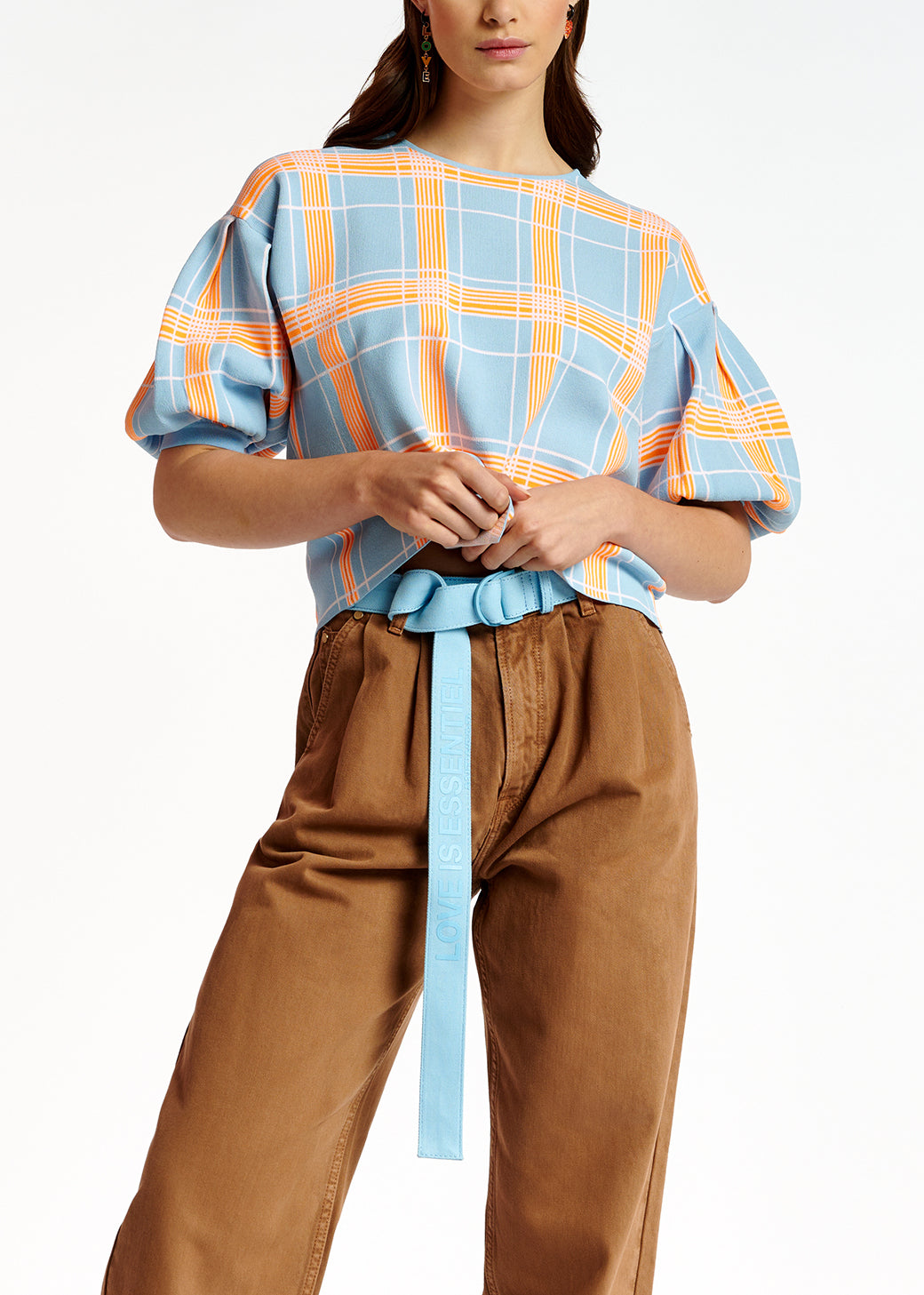 Light blue puffed sleeve knitted top with check motif RE—SSENTIEL | Essentiel second hand