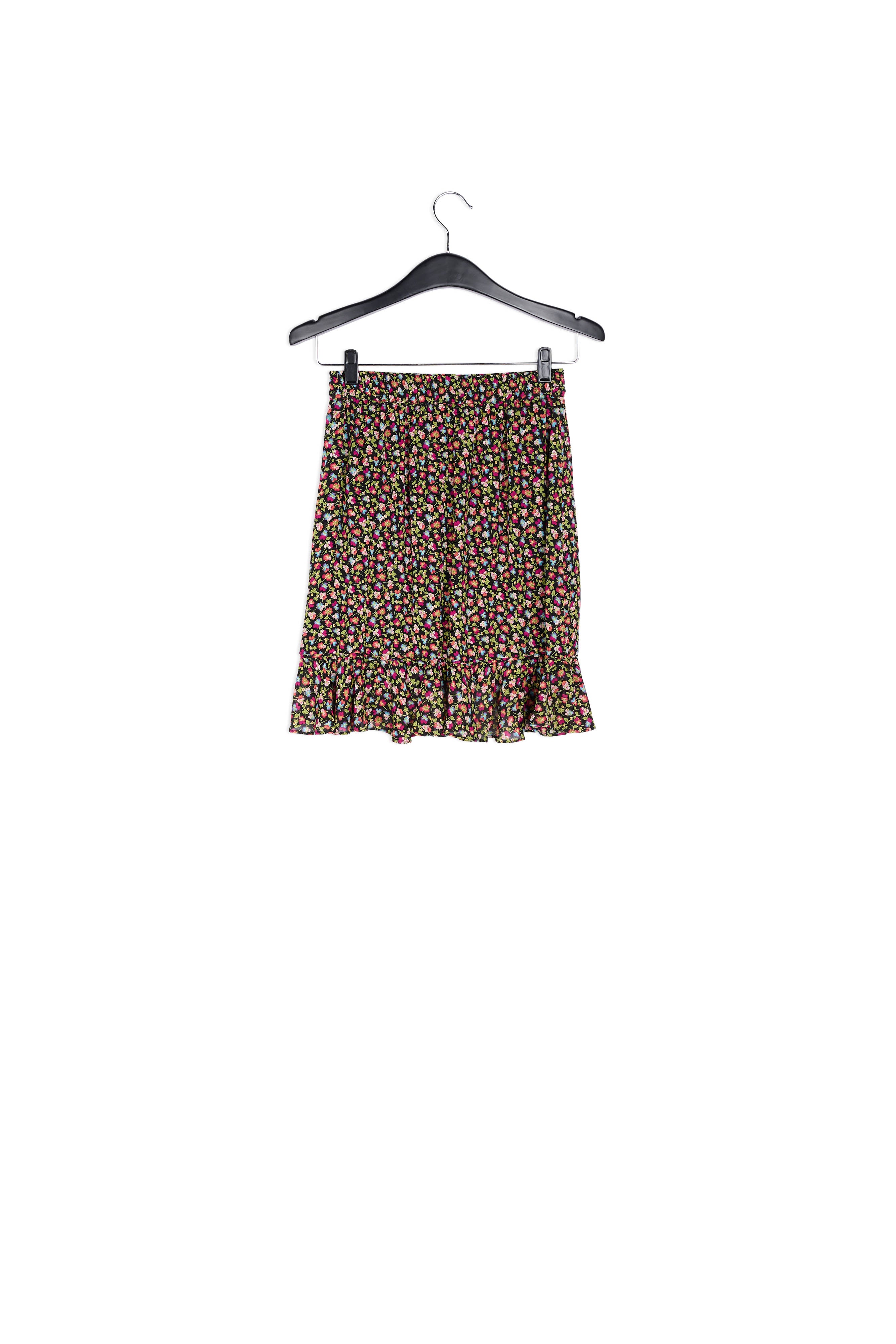 Mini-wikkelrok met zwarte, lichtgroene en fuchsia bloemenprint RE—SSENTIEL | Essentiel second hand