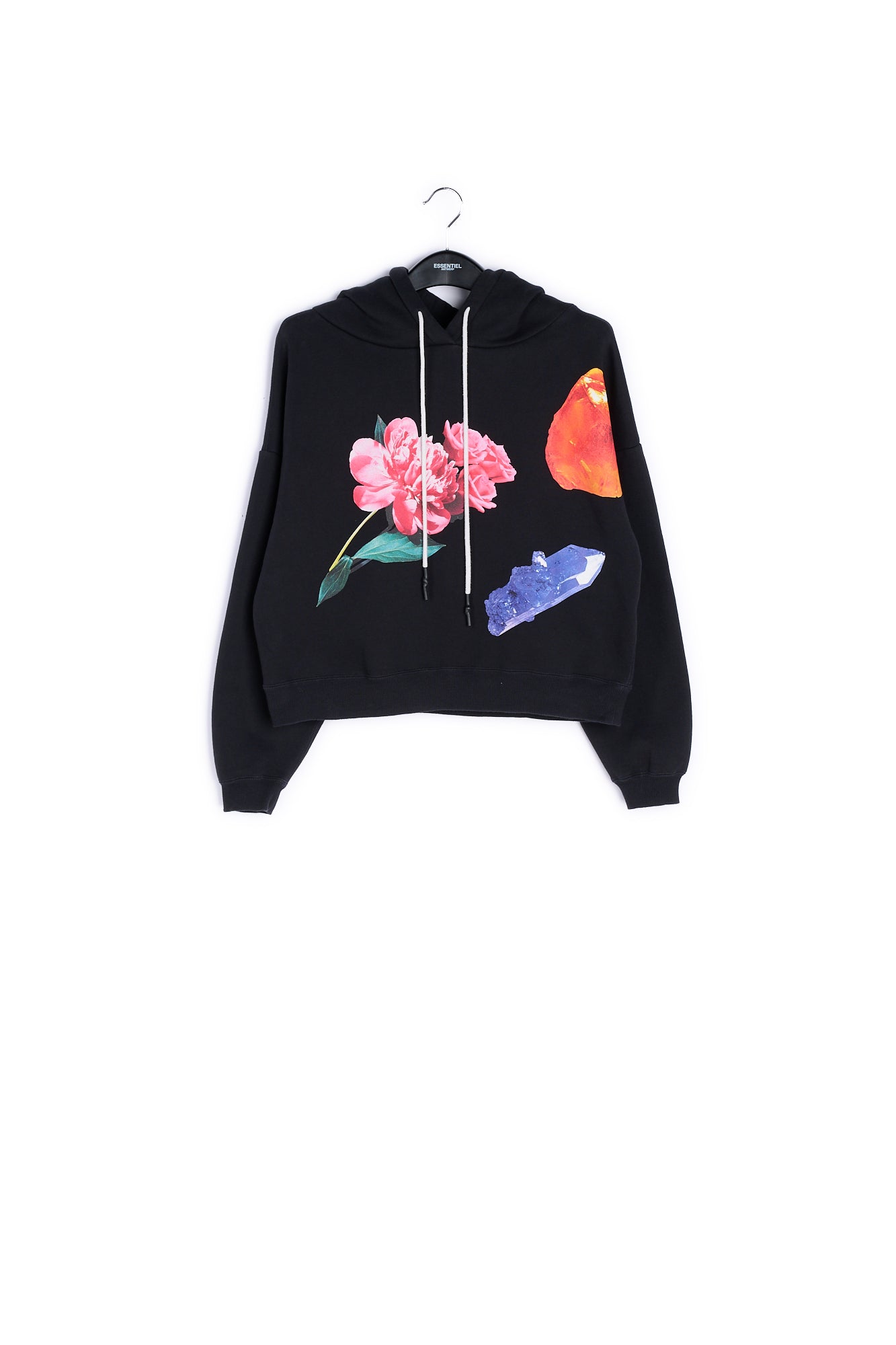 Black organic cotton hoodie with print detail RE—SSENTIEL | Essentiel second hand