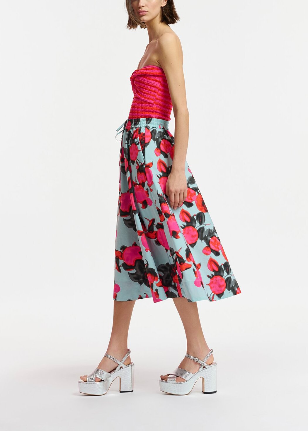 Light blue midi-length A-line skirt with floral print RE—SSENTIEL | Essentiel second hand