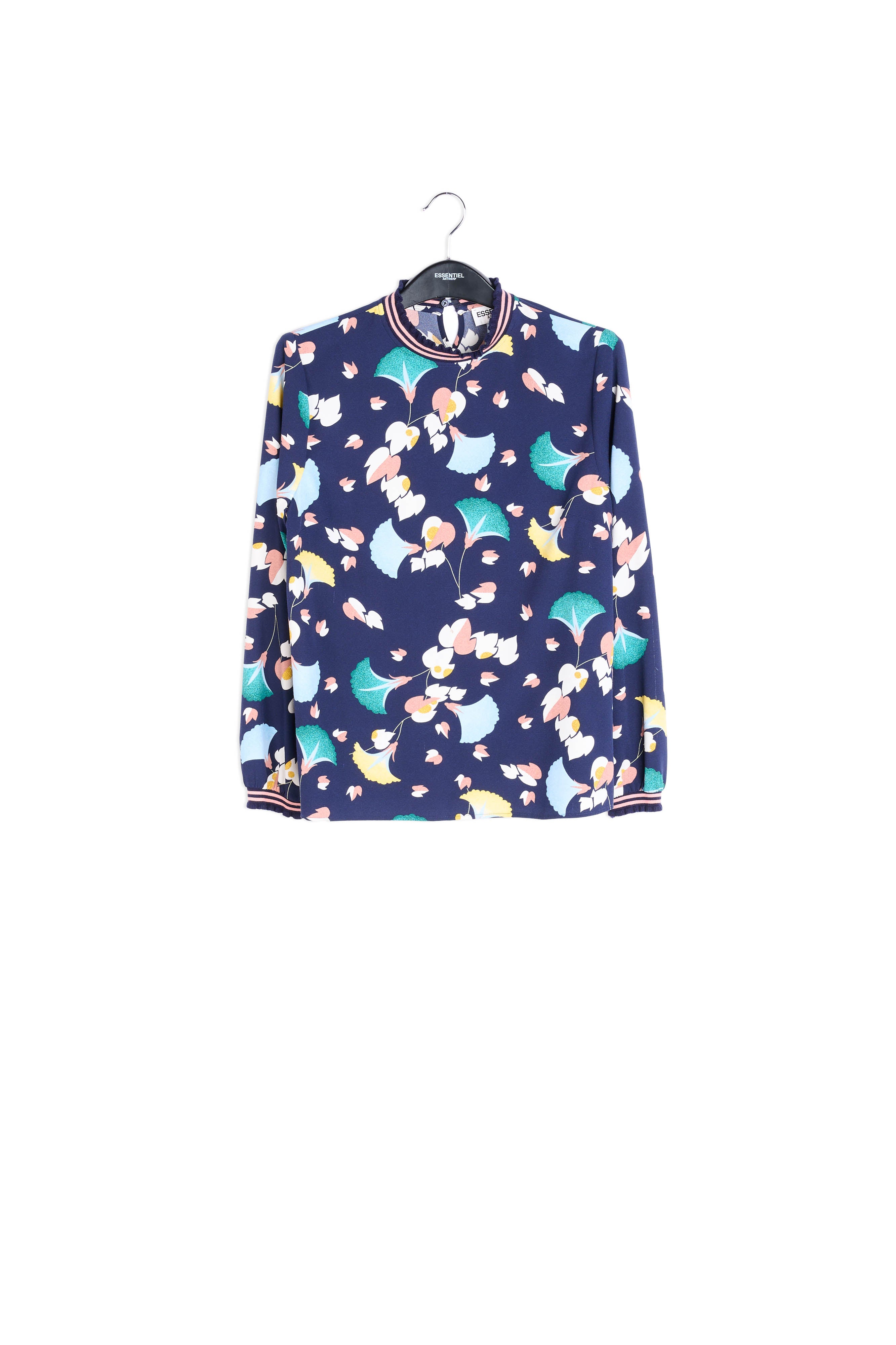 Zwarte blouse met veelkleurige bloemenprint RE—SSENTIEL | Essentiel second hand
