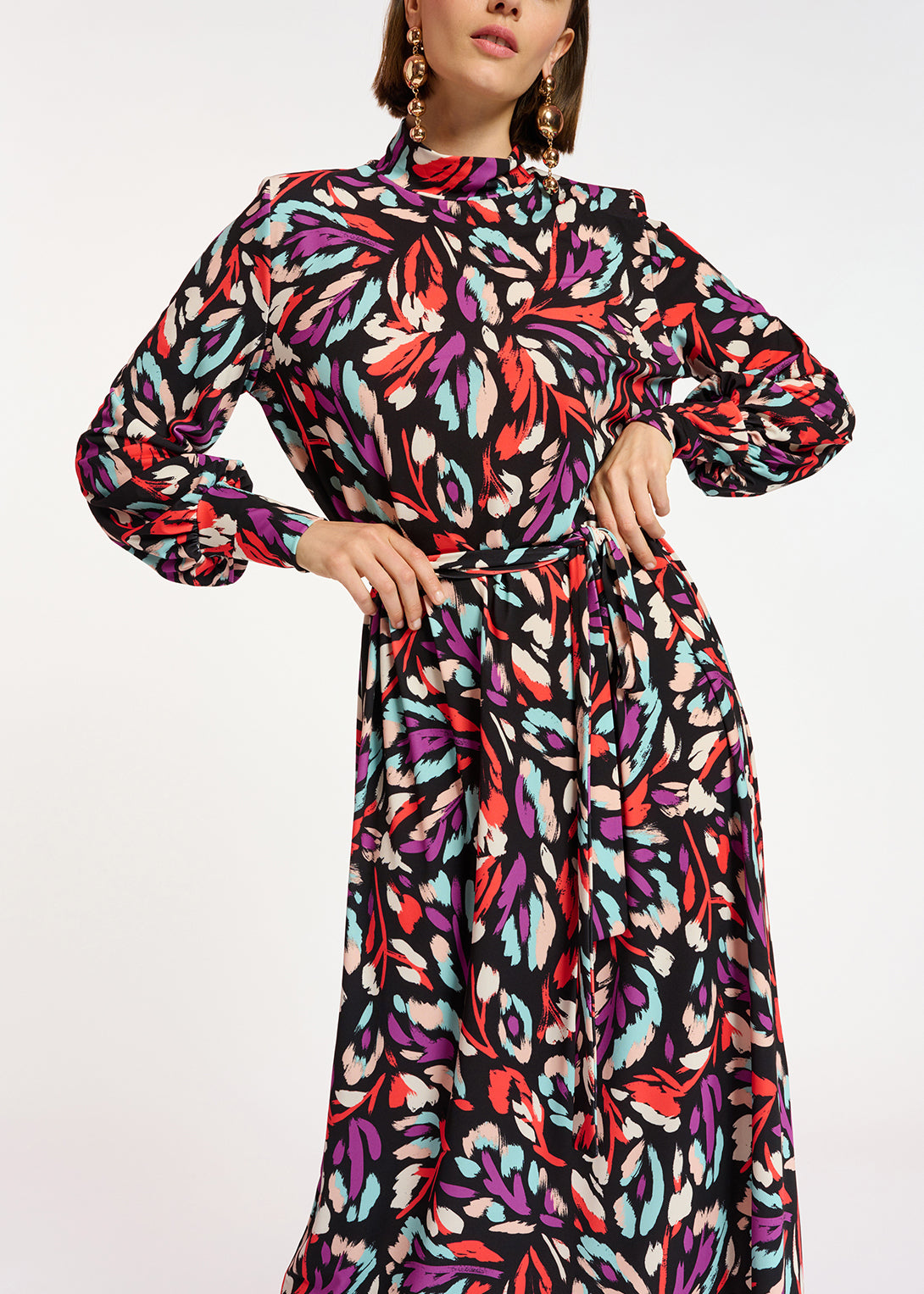 Black, coral red and purple stretch-jersey midi dress RE—SSENTIEL | Essentiel second hand