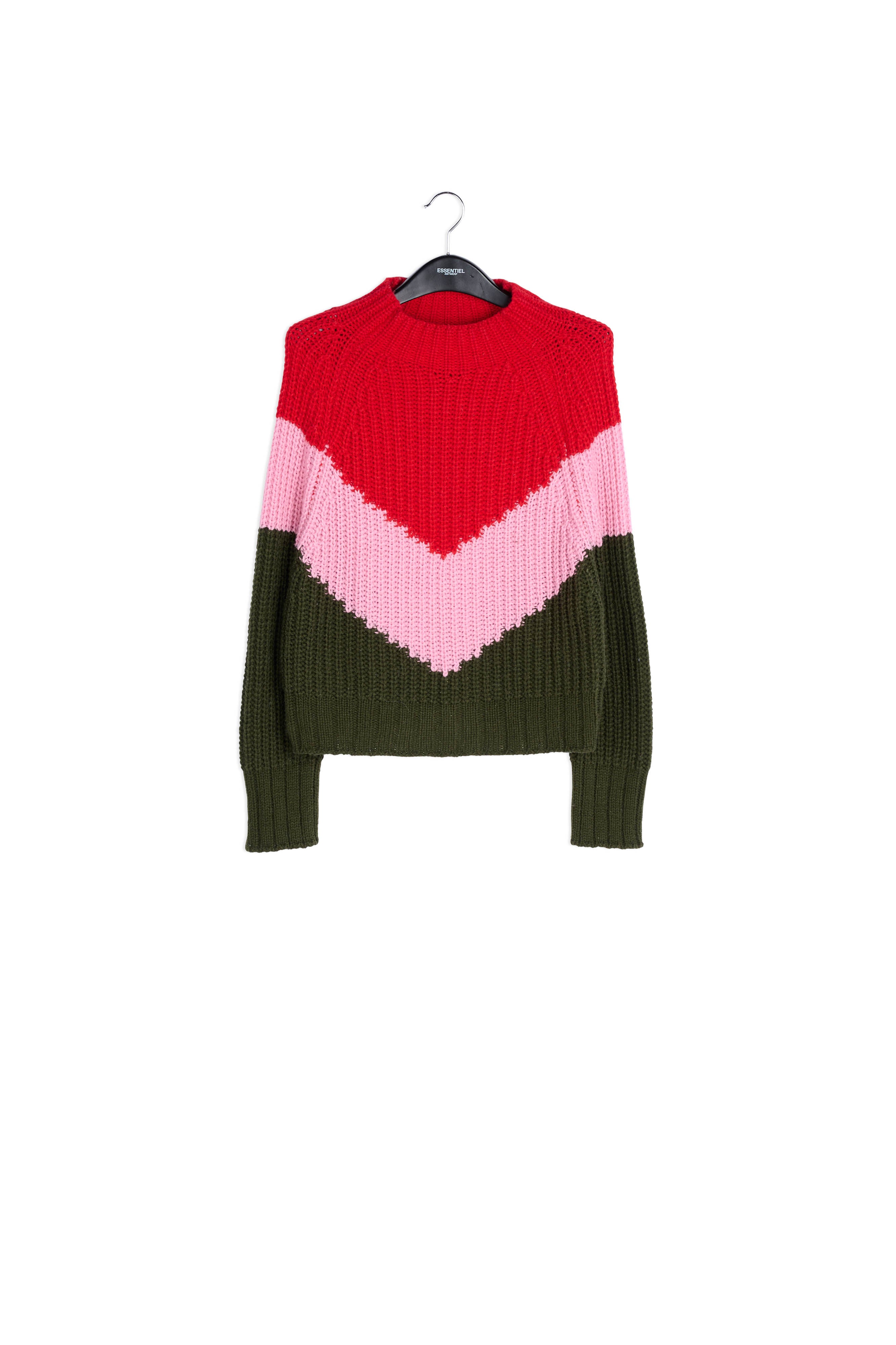 Khaki, pink and red v-panel knitted sweater RE—SSENTIEL | Essentiel second hand