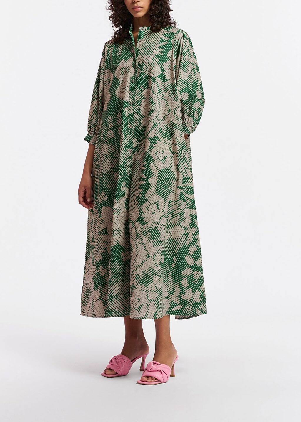 Beige and dark green maxi-length dress with geometric print RE—SSENTIEL | Essentiel second hand