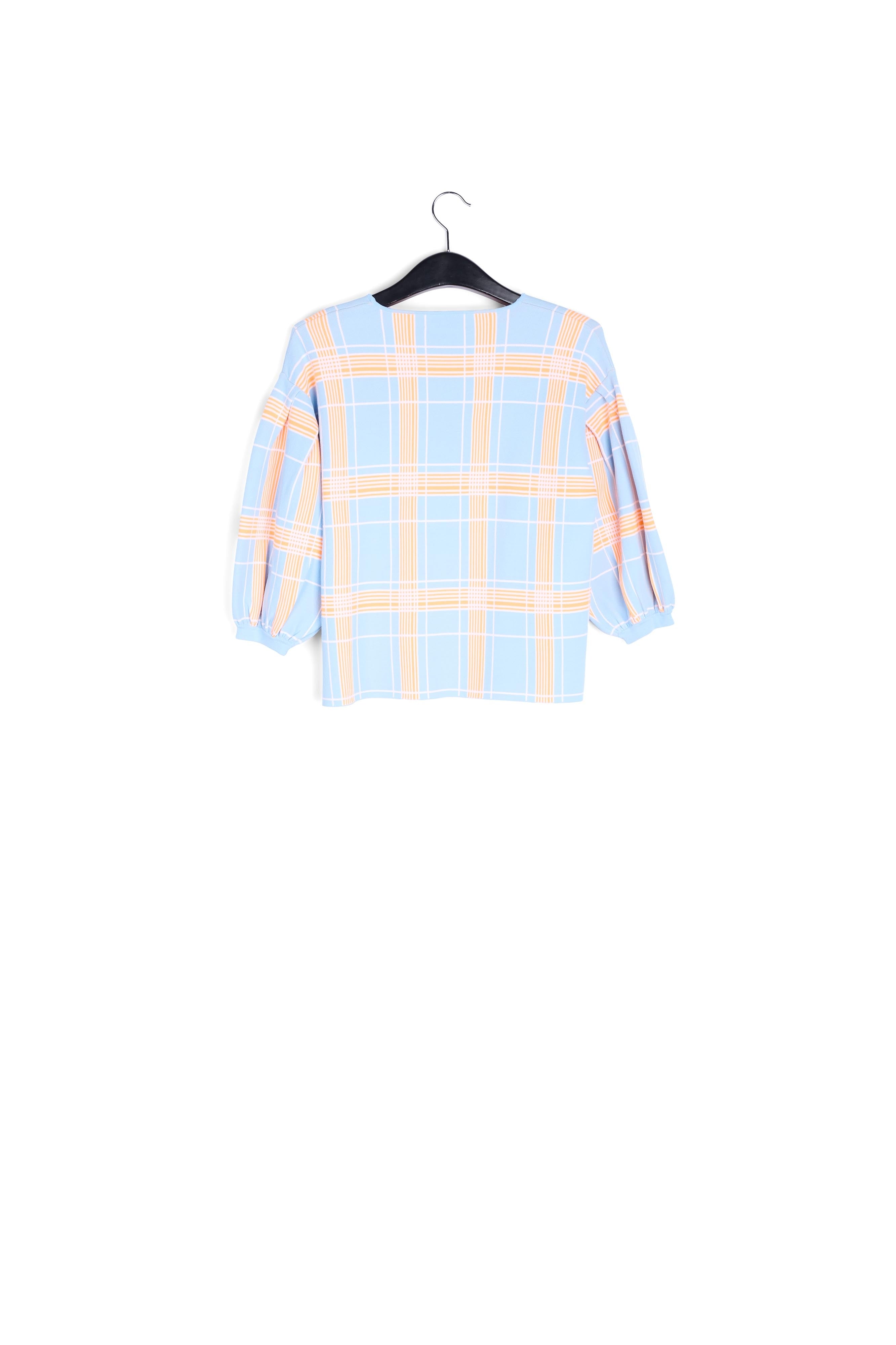 Light blue puffed sleeve knitted top with check motif RE—SSENTIEL | Essentiel second hand