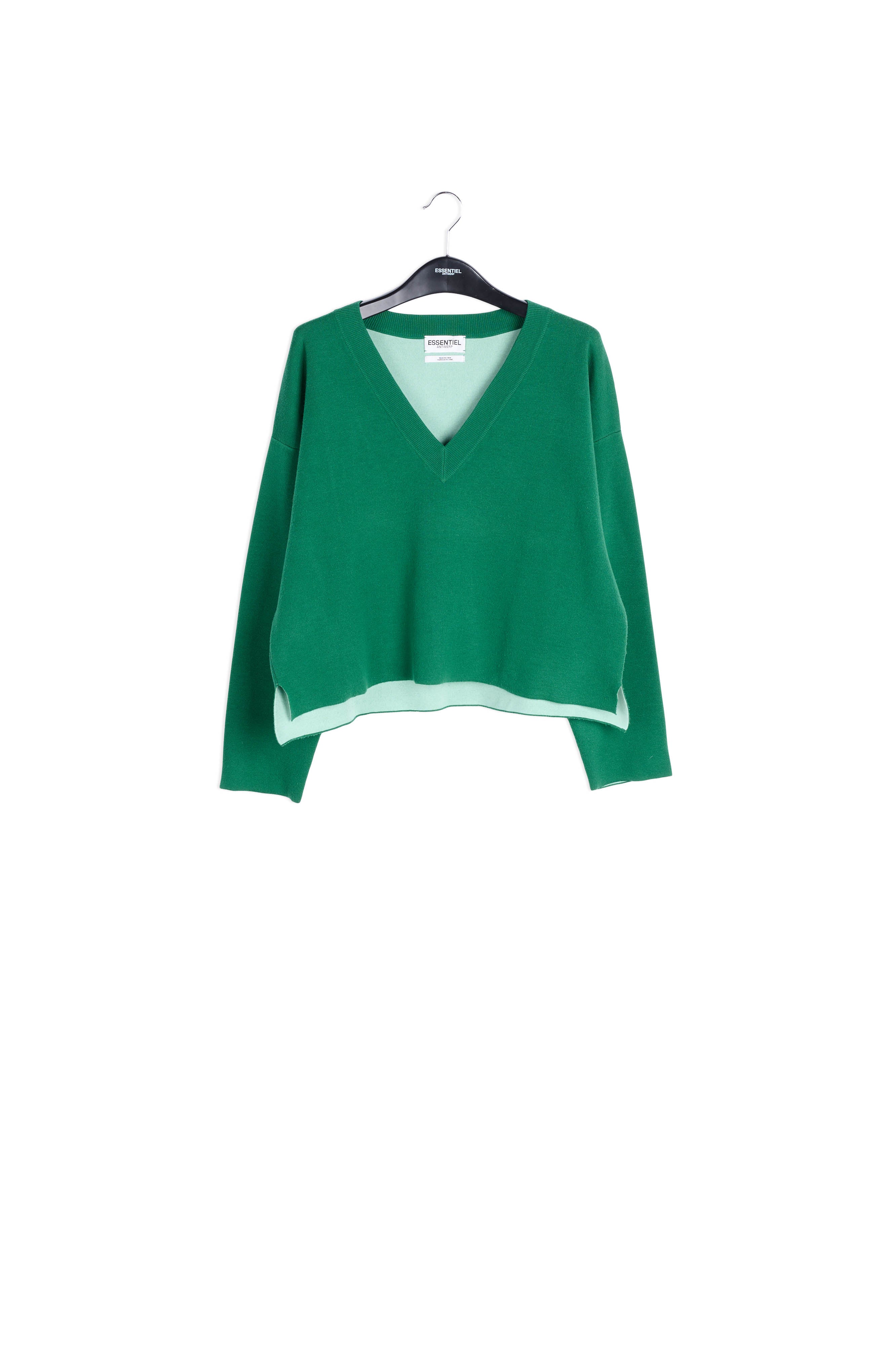 Dark green v-neck sweater with light green contrast RE—SSENTIEL | Essentiel second hand