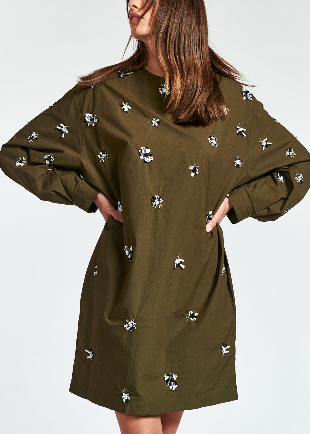 Khaki green cotton-polin dress with sequin details RE—SSENTIEL | Essentiel second hand