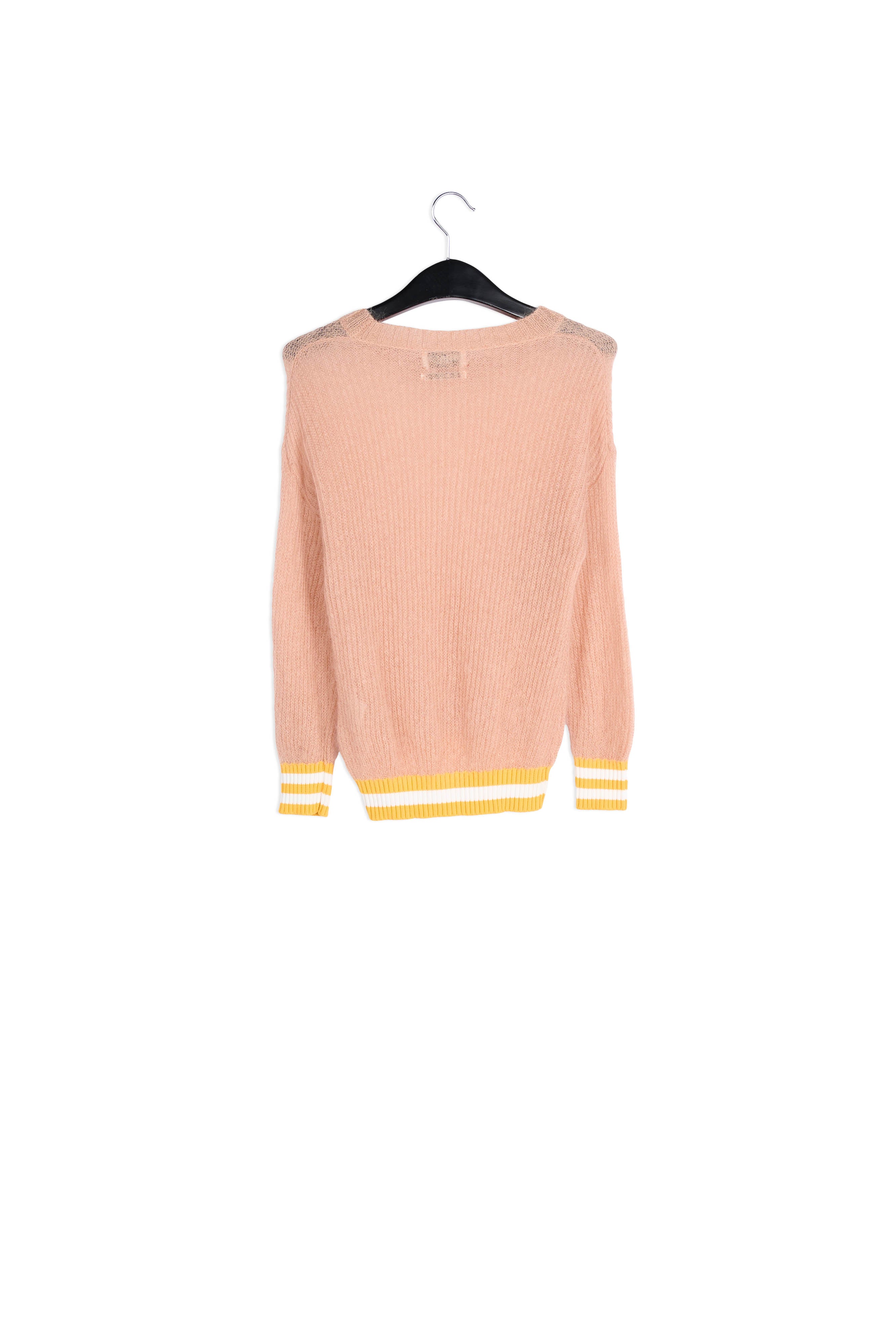 Pull rose clair avec bords à rayures jaunes et blanches RE—SSENTIEL | Essentiel second hand