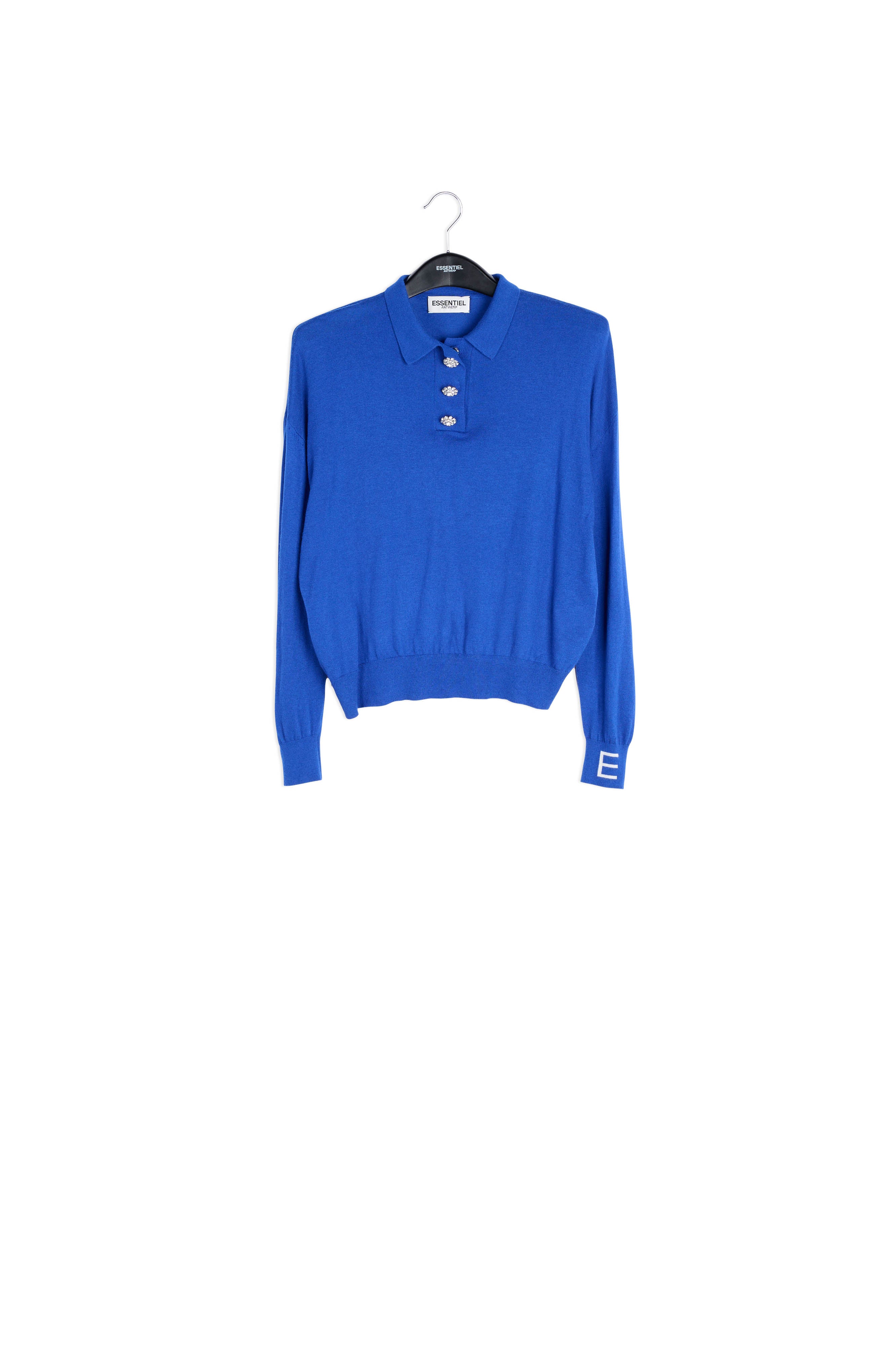 Blue fine-knit sweater with polo-inspired collar RE—SSENTIEL | Essentiel second hand