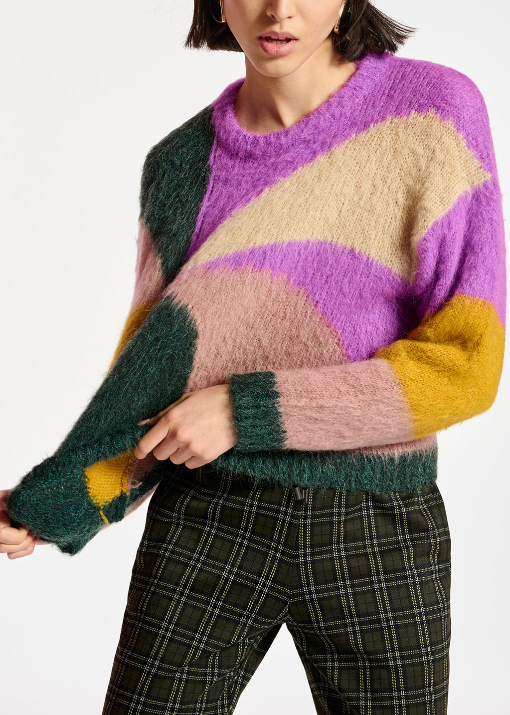 Purple, dark green and vintage pink intarsia-knitted sweater RE—SSENTIEL | Essentiel second hand