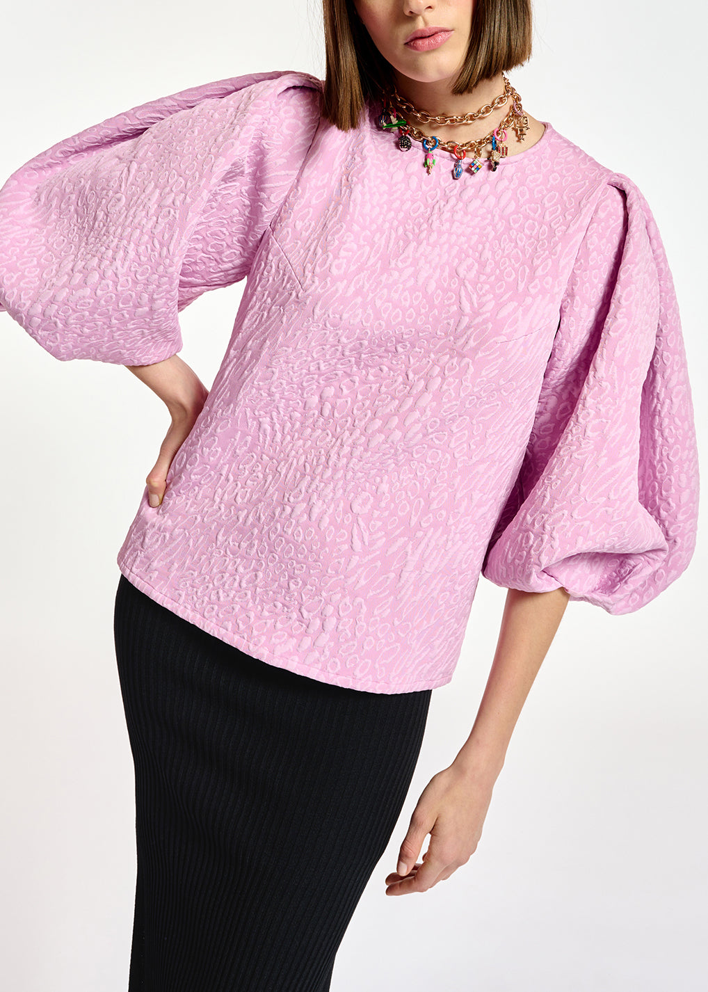 Light pink jacquard top with puffed sleeves RE—SSENTIEL | Essentiel second hand