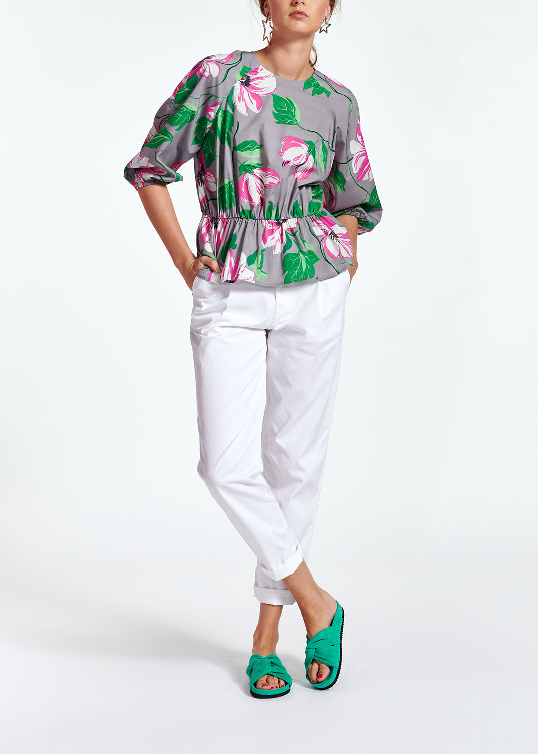 Grijze peplumtop van popeline met bloemen RE—SSENTIEL | Essentiel second hand