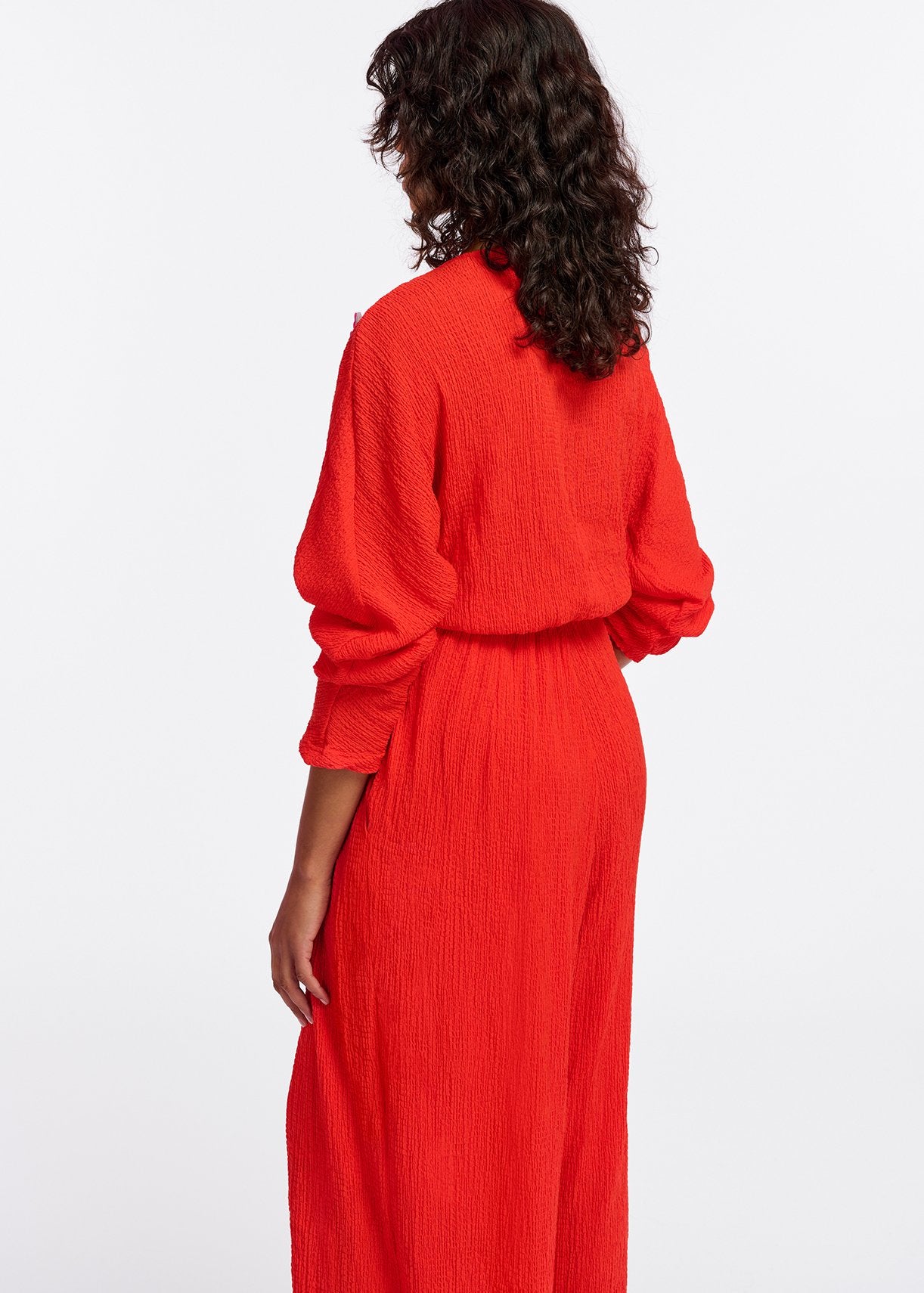 Red seersucker jumpsuit with tied front RE—SSENTIEL | Essentiel second hand