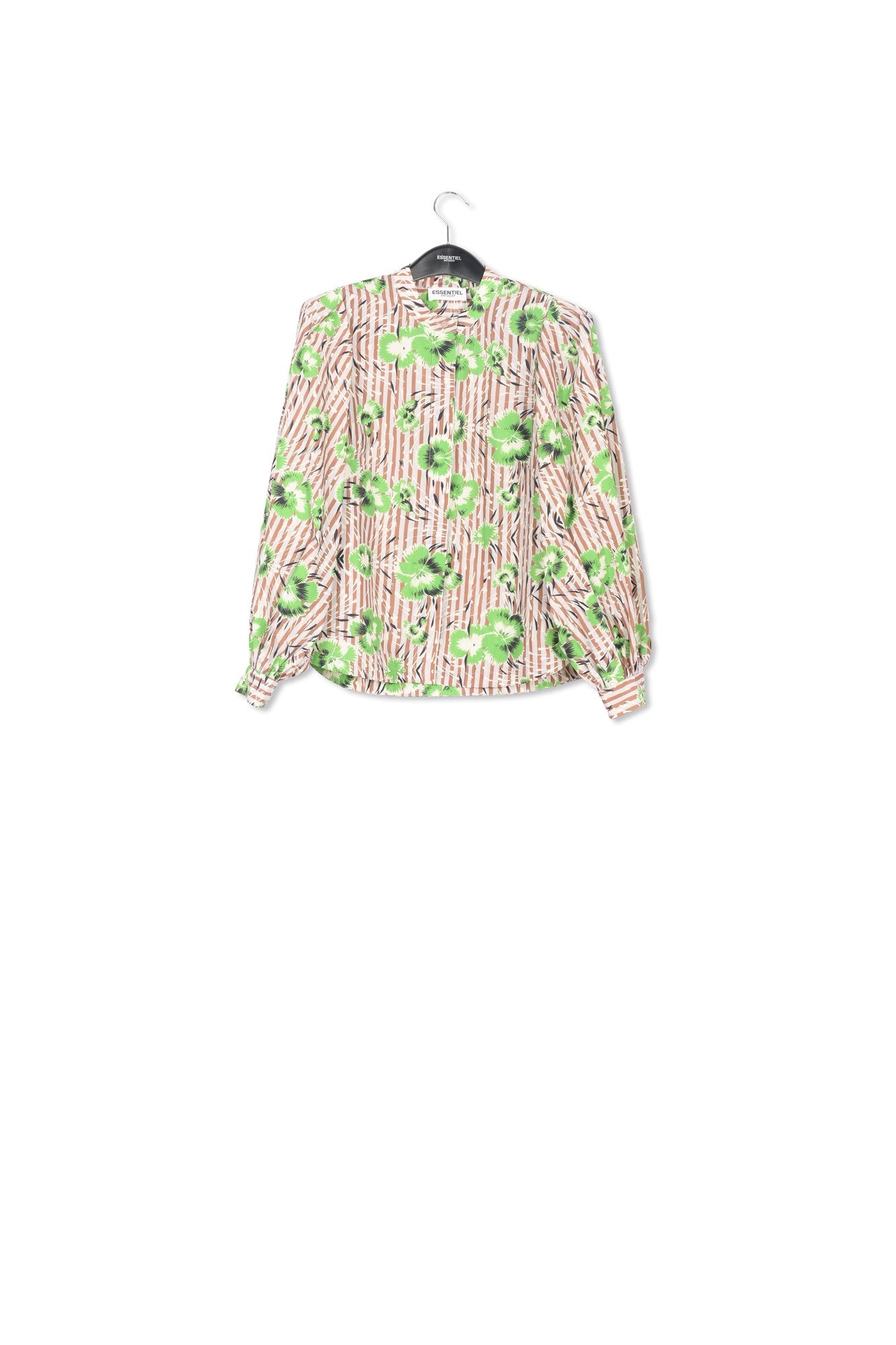 Gestreepte top met groene bloemen en pofmouwen RE—SSENTIEL | Essentiel second hand