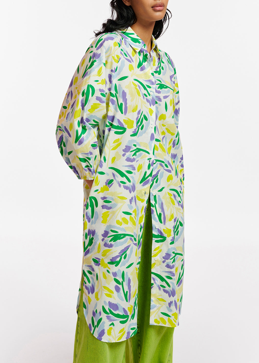 White, yellow and purple knee-length shirt dress with floral print RE—SSENTIEL | Essentiel second hand
