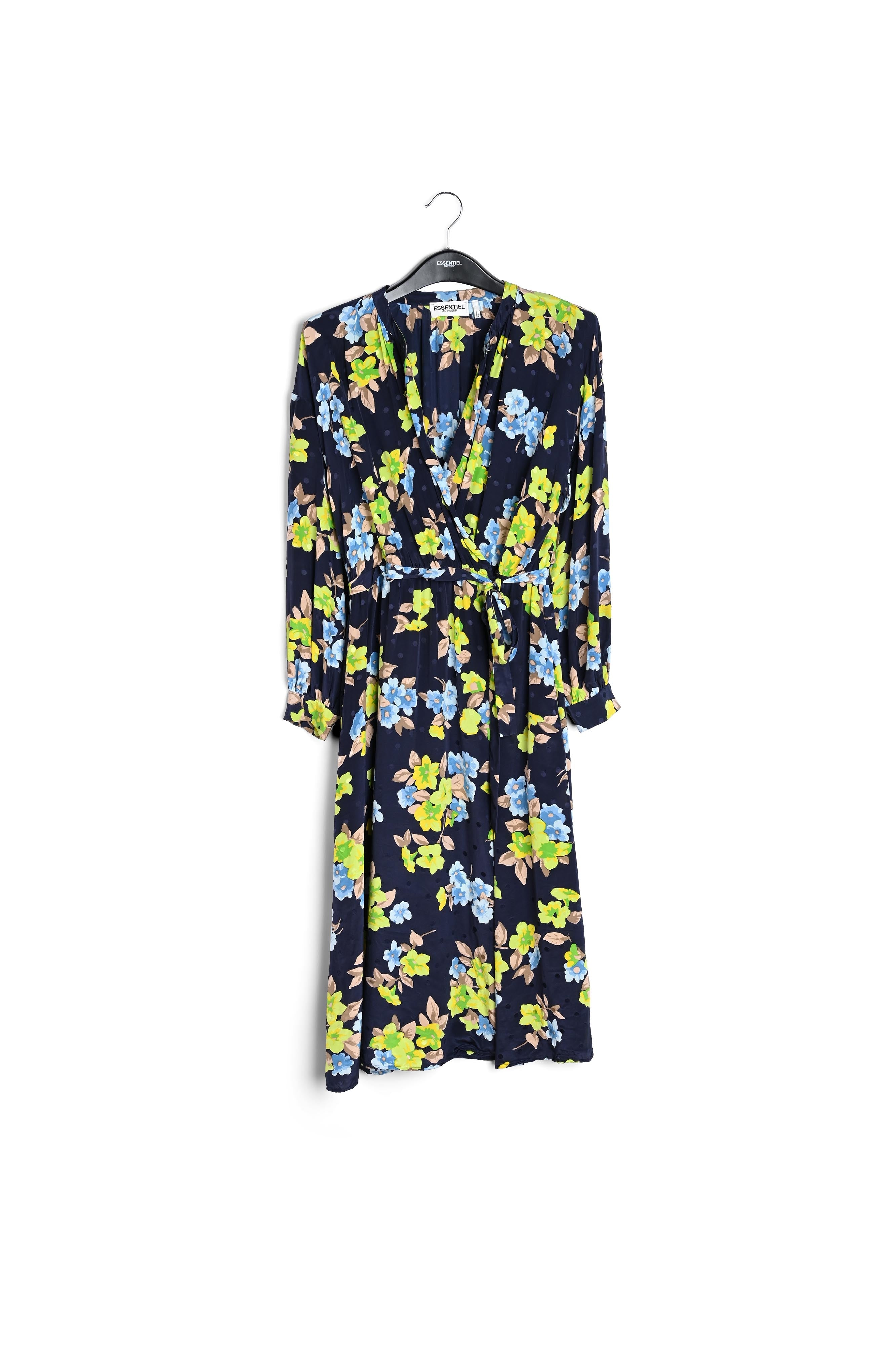 Robe chemise bleu foncé en soie à fleurs et à pois RE—SSENTIEL | Essentiel second hand