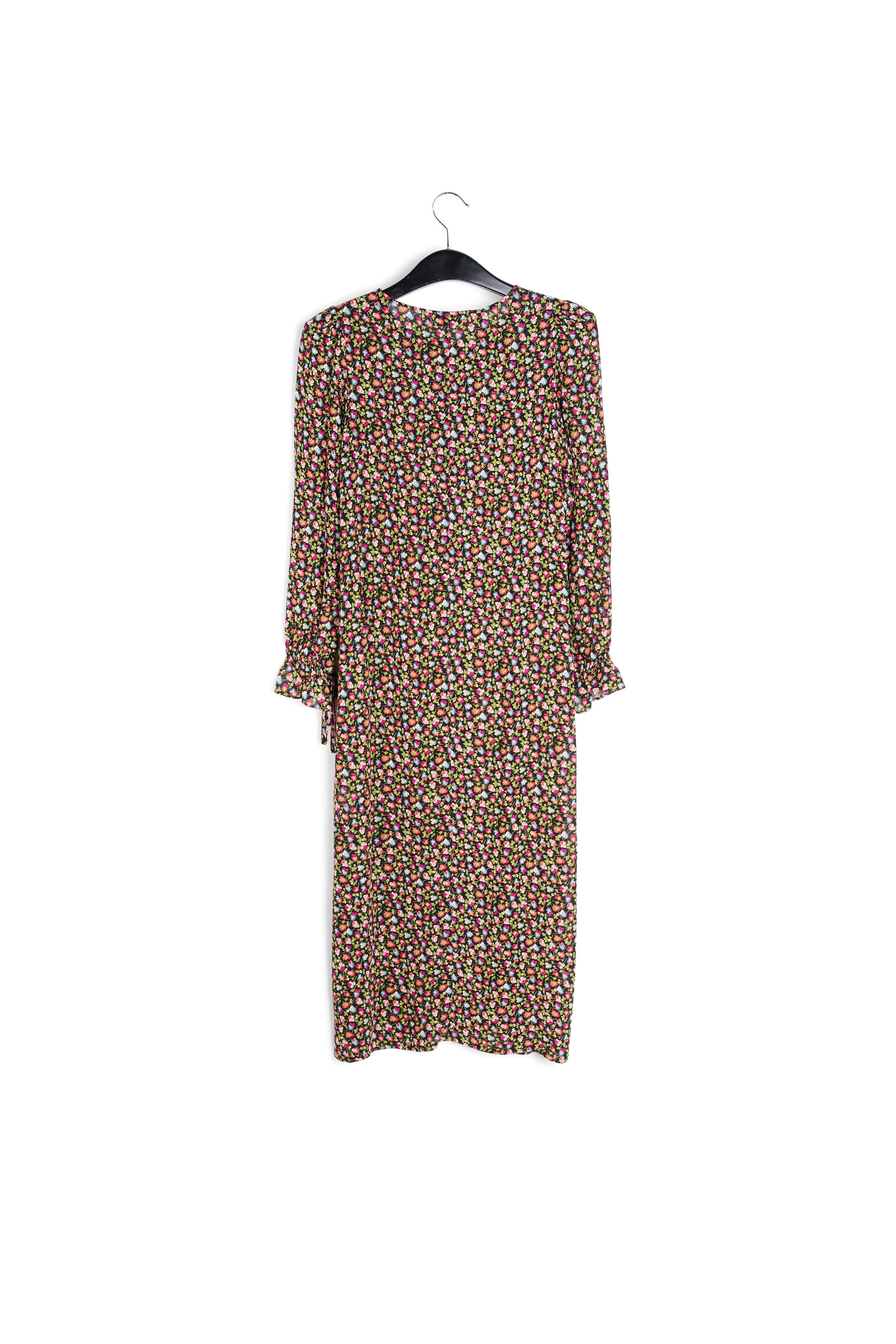 Midi-jurk met riem en zwarte, lichtgroene en fuchsia bloemenprint RE—SSENTIEL | Essentiel second hand