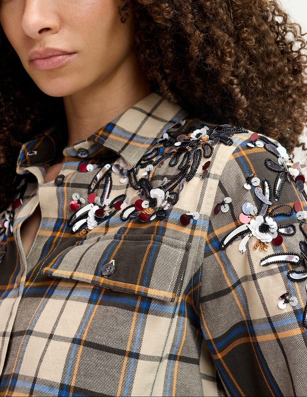 Beige checked cotton shirt with embroidery RE—SSENTIEL | Essentiel second hand