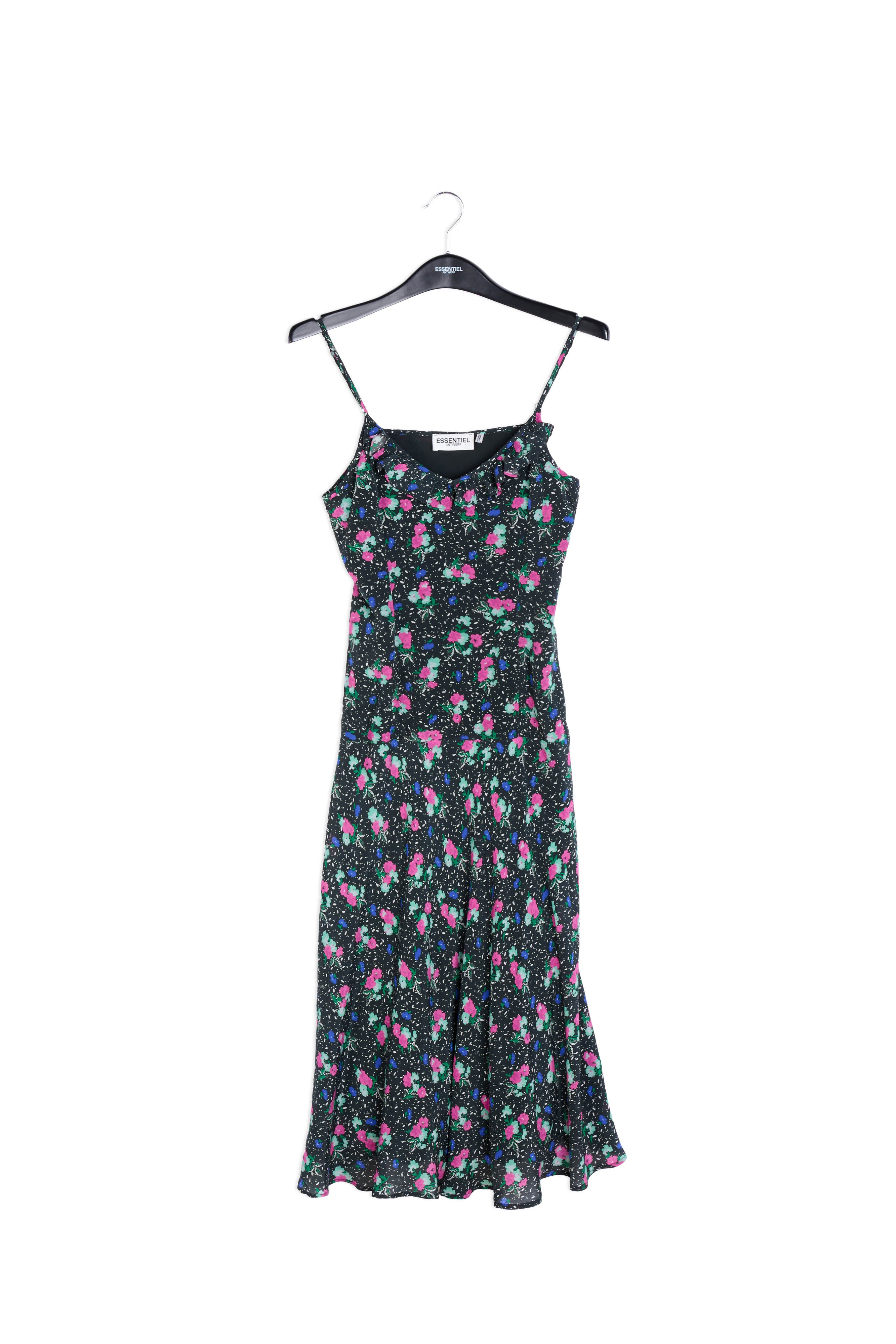 Robe midi noire à fleurs avec encolure v RE—SSENTIEL | Essentiel second hand