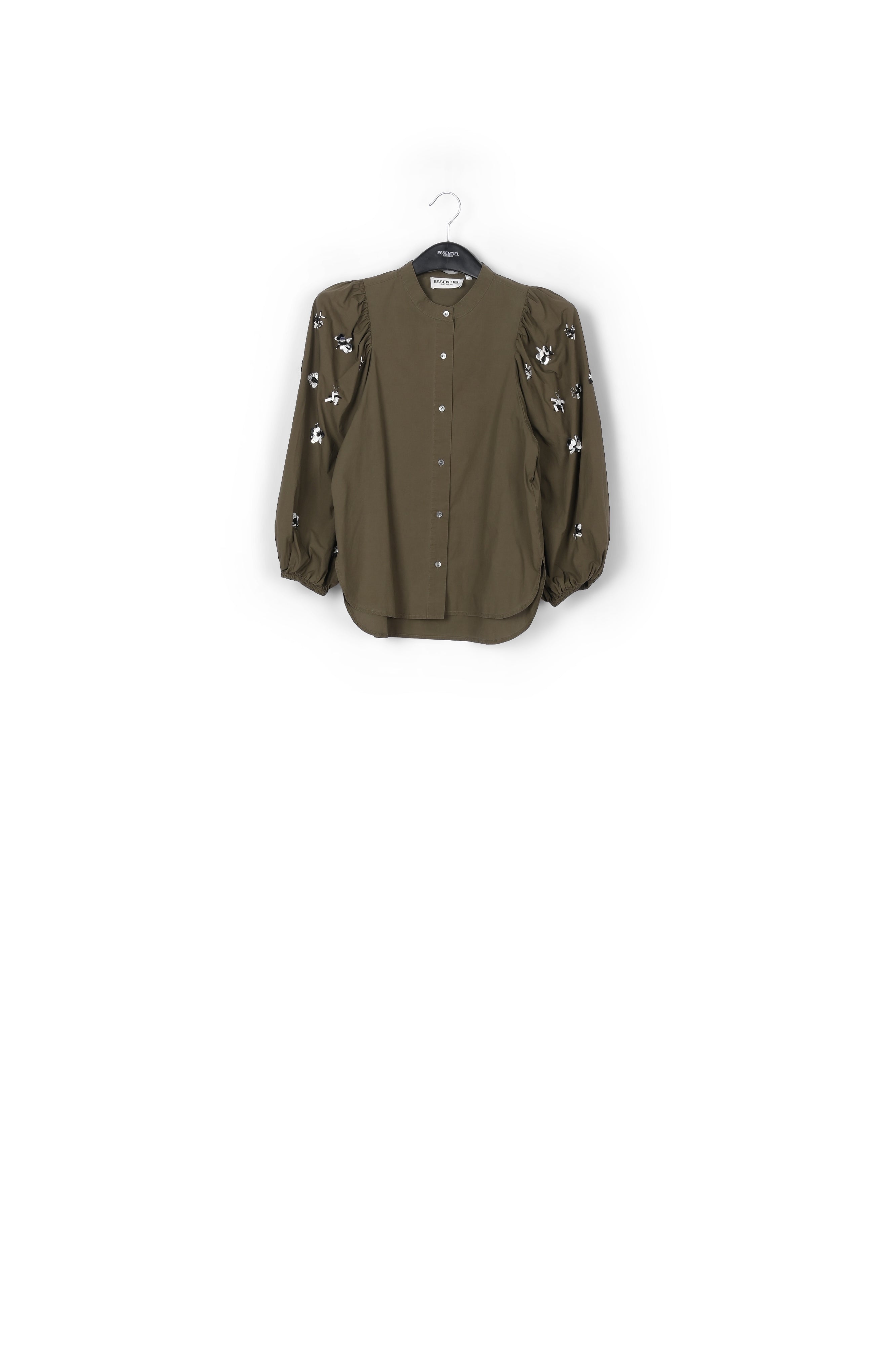 Khaki green cotton-poplin embroidered puffed-sleeve shirt RE—SSENTIEL | Essentiel second hand