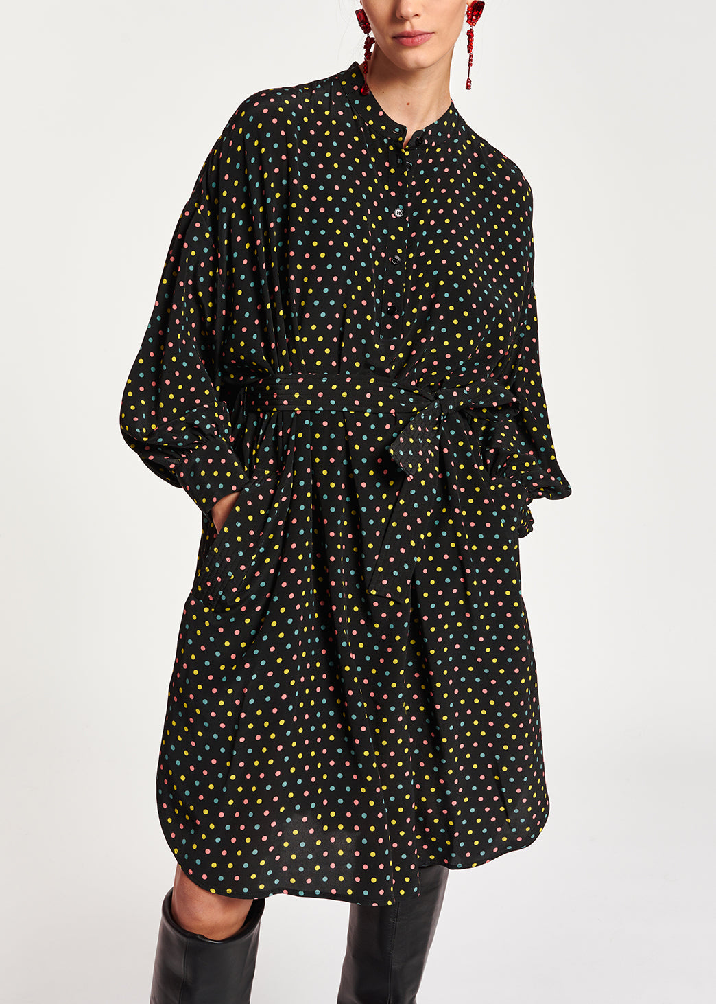 Black polka-dot shirt dress with plissé backside RE—SSENTIEL | Essentiel second hand