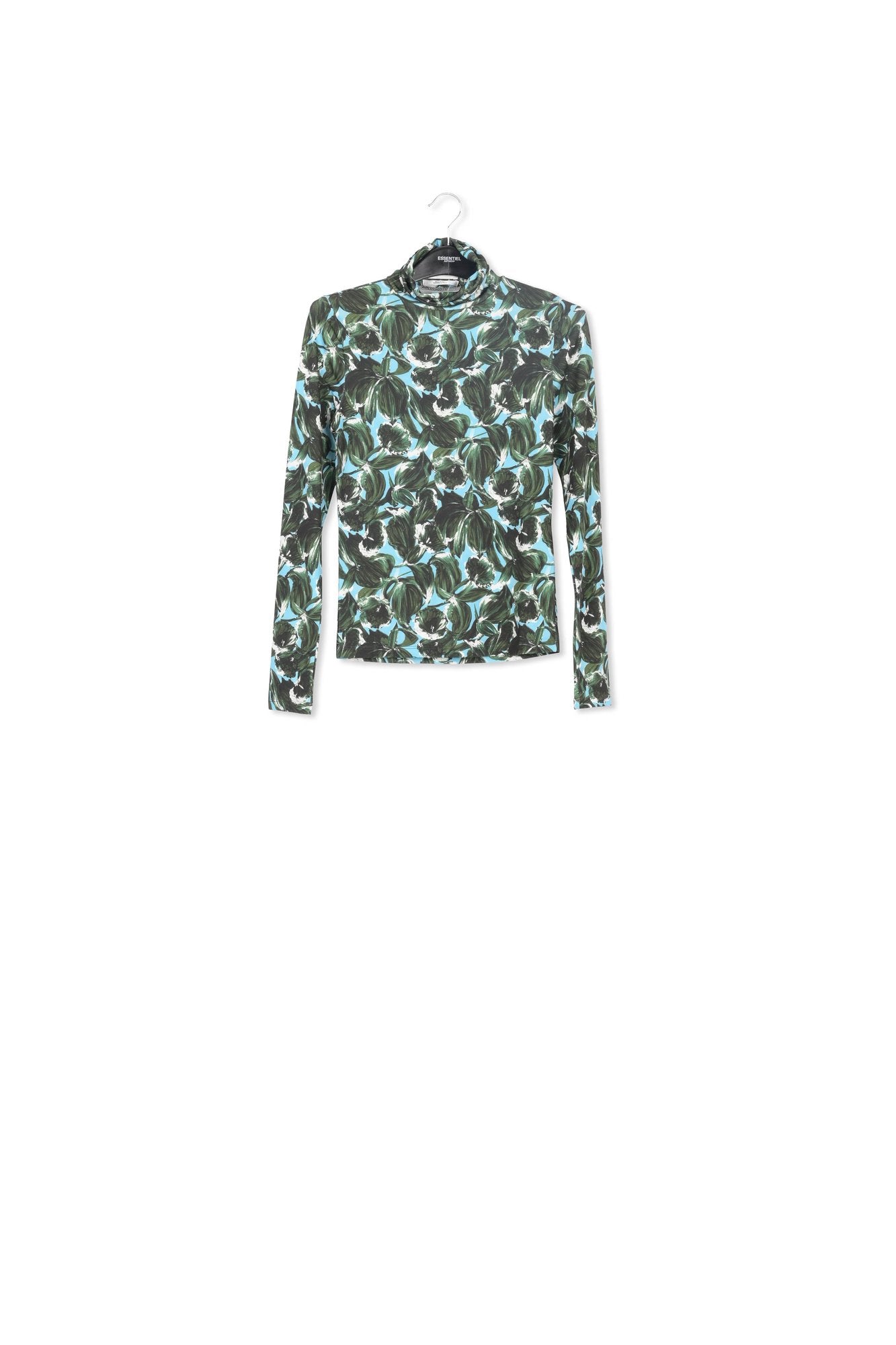 Blue and dark green leaf-print turtleneck top RE—SSENTIEL | Essentiel second hand