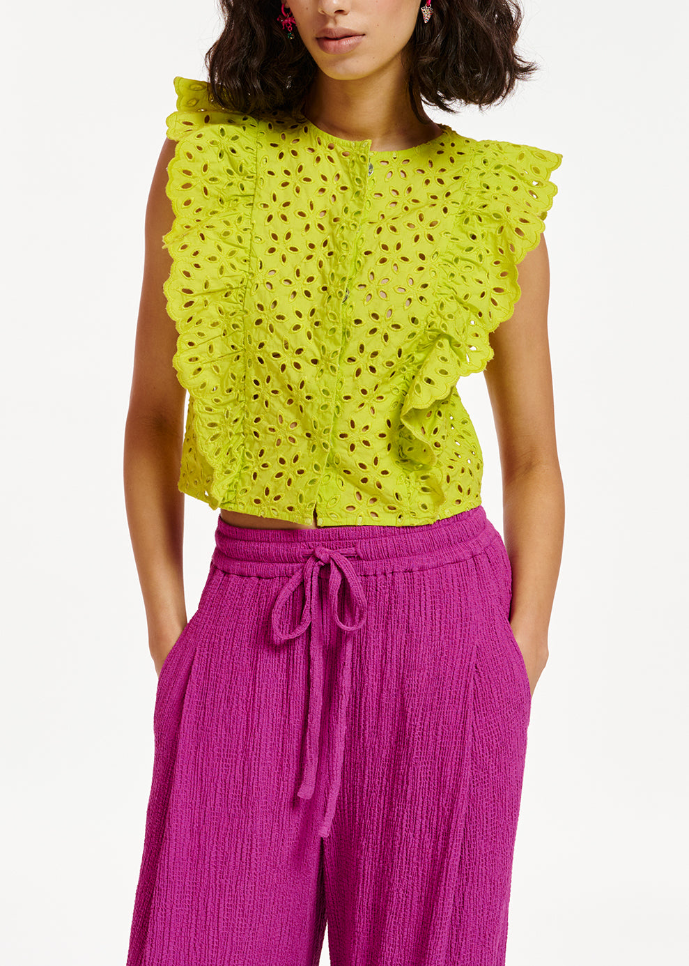 Lime green broderie anglaise cotton top RE—SSENTIEL | Essentiel second hand