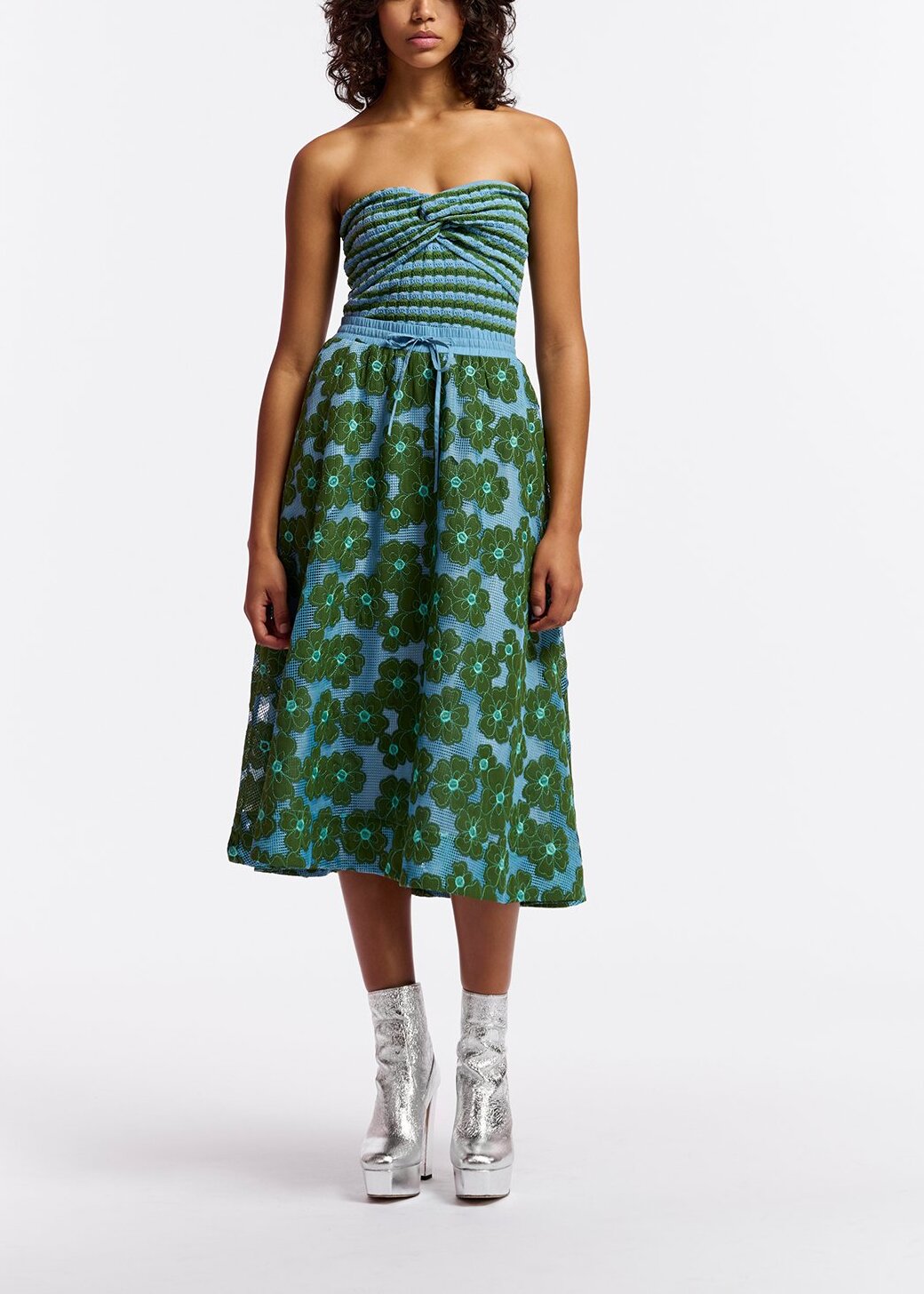 Blue and green floral-embroidered midi-length skirt RE—SSENTIEL | Essentiel second hand