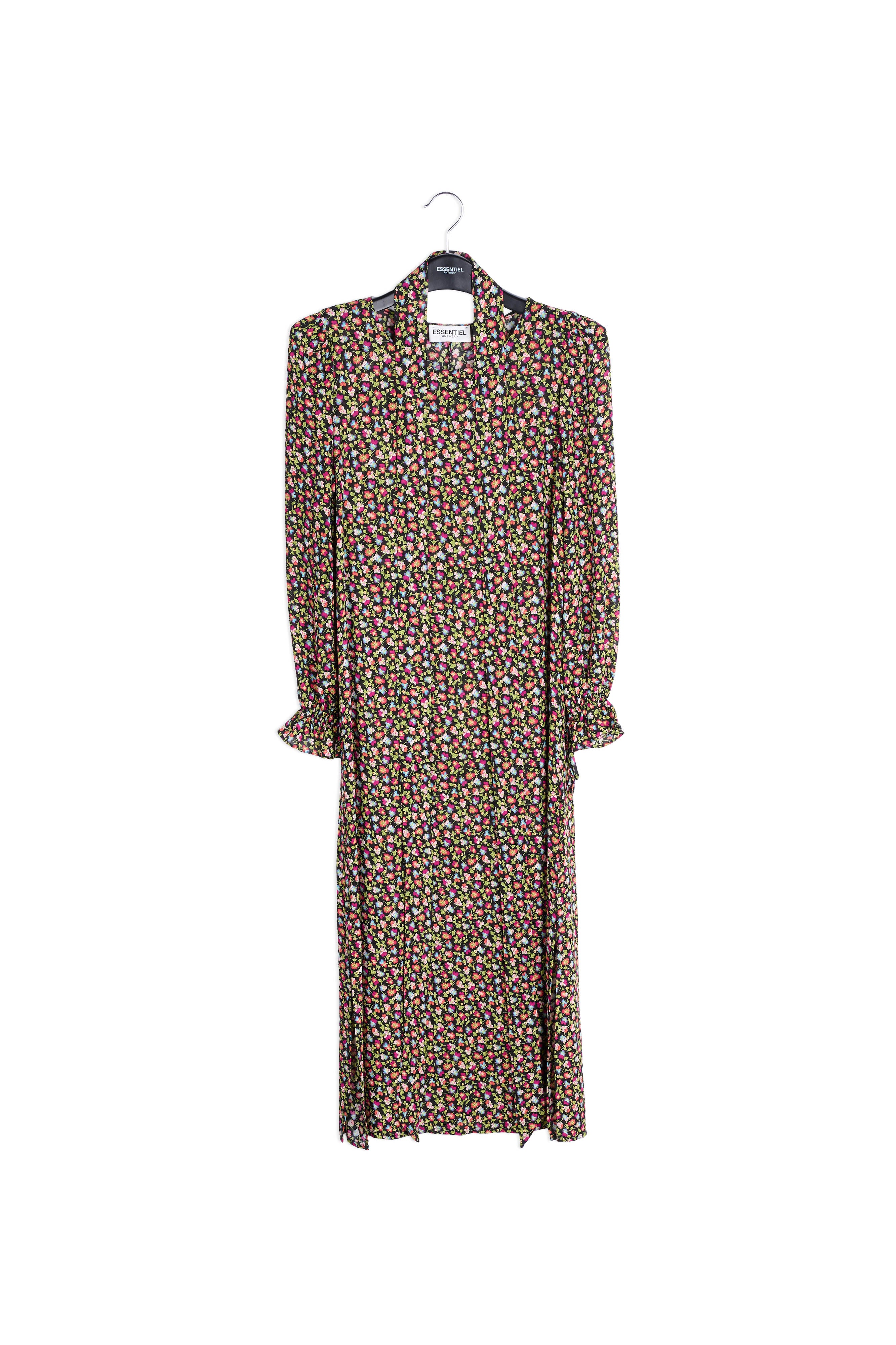 Midi-jurk met riem en zwarte, lichtgroene en fuchsia bloemenprint RE—SSENTIEL | Essentiel second hand