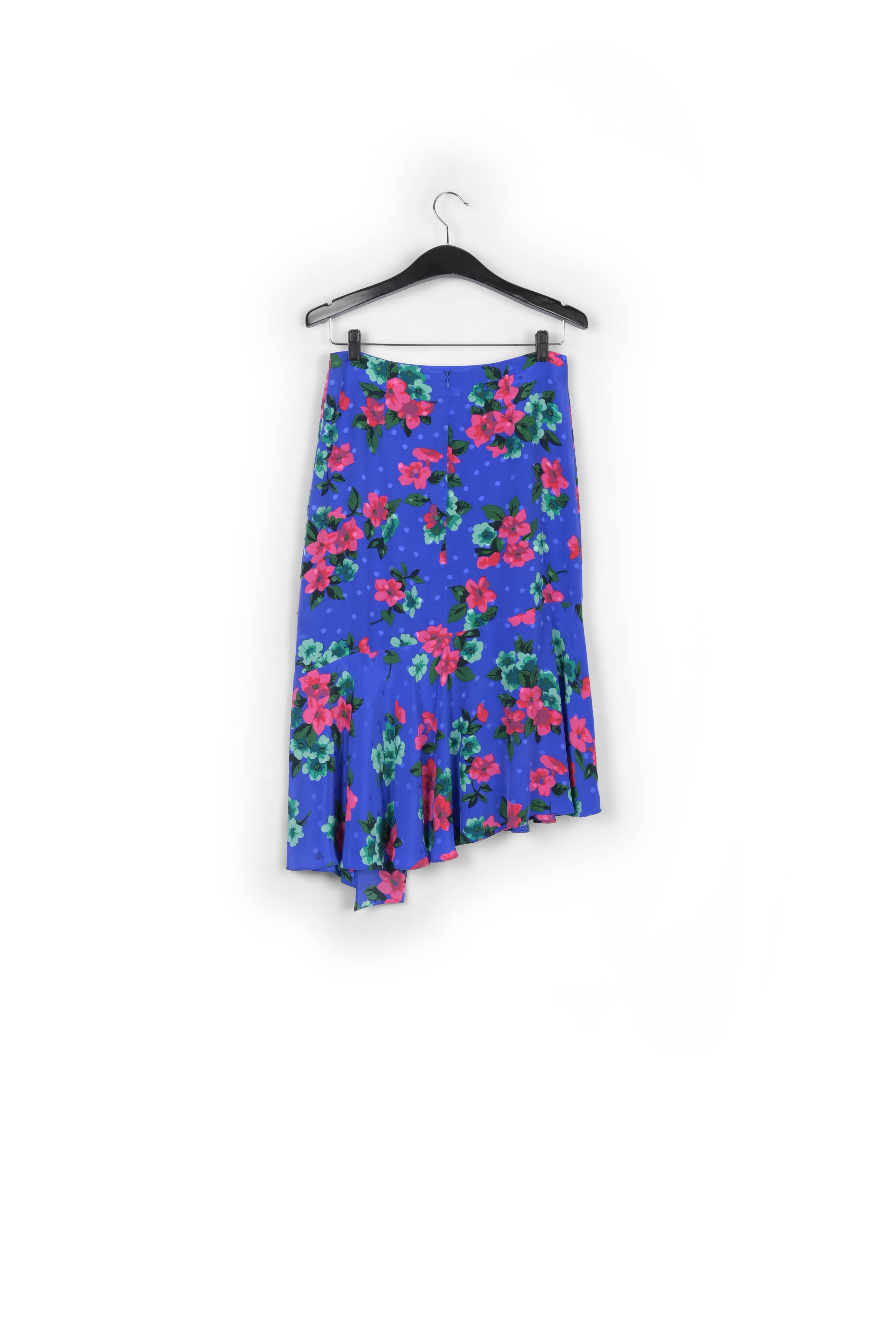 Blauwe zijden midirok met bloemen en stippen RE—SSENTIEL | Essentiel second hand