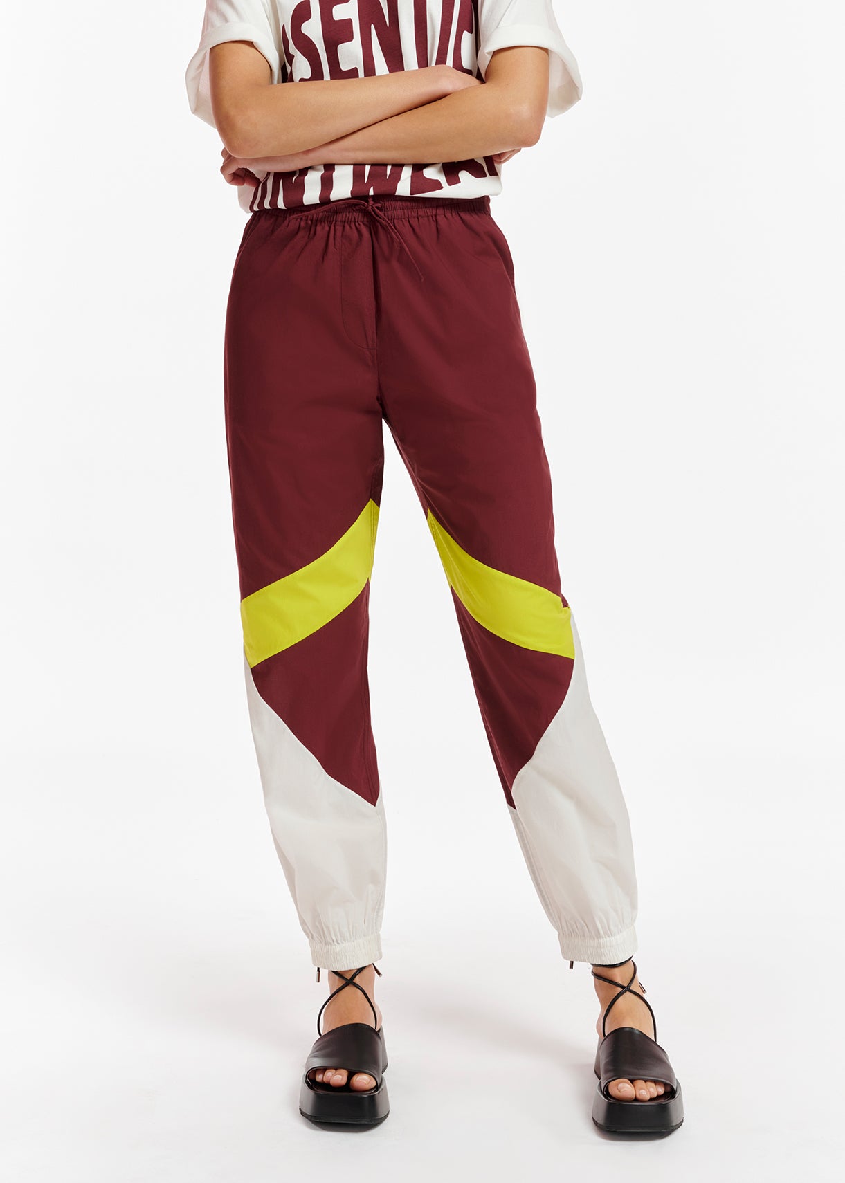 Burgundy, white and lime green cotton track pants RE—SSENTIEL | Essentiel second hand