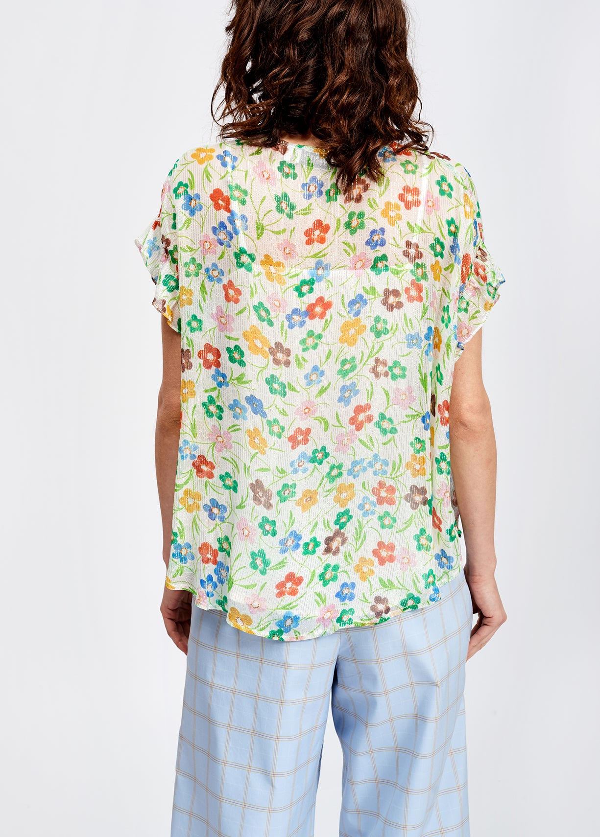 Off-white floral print top with ruffled sleeves RE—SSENTIEL | Essentiel second hand