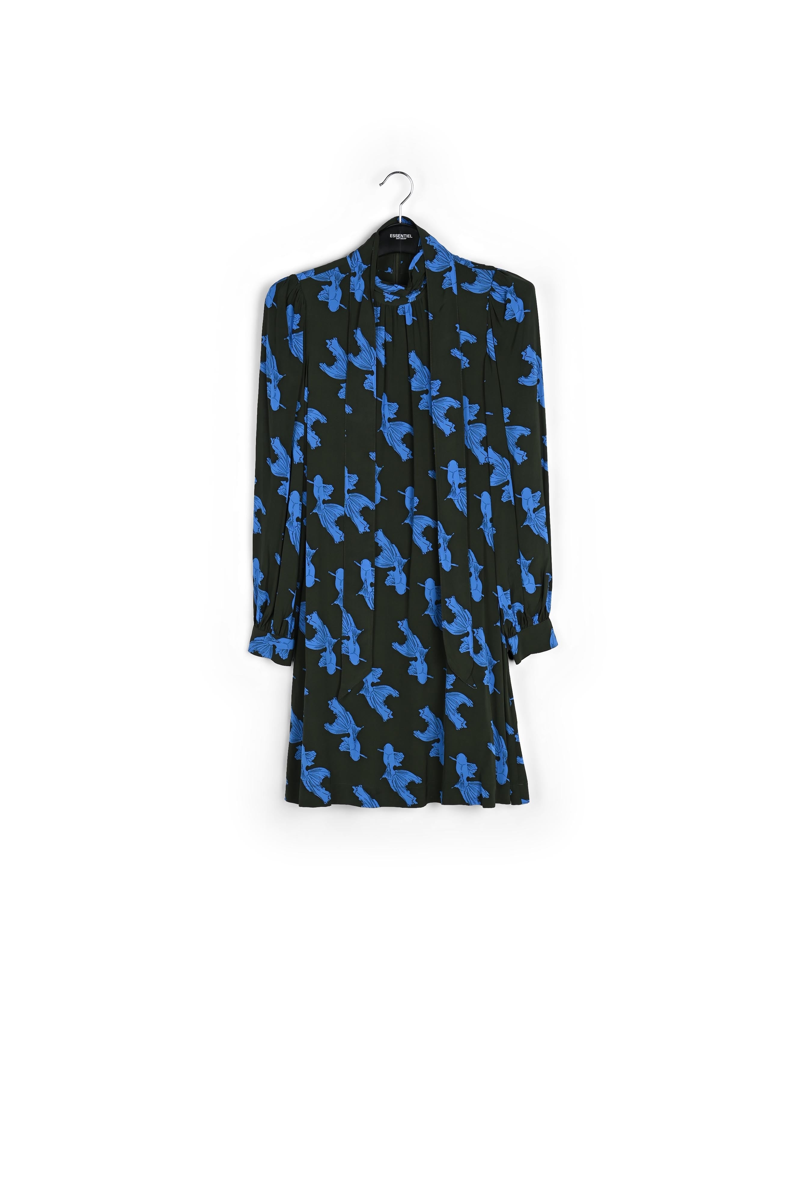 Kaki en turquoise mini-jurk met grafische print RE—SSENTIEL | Essentiel second hand