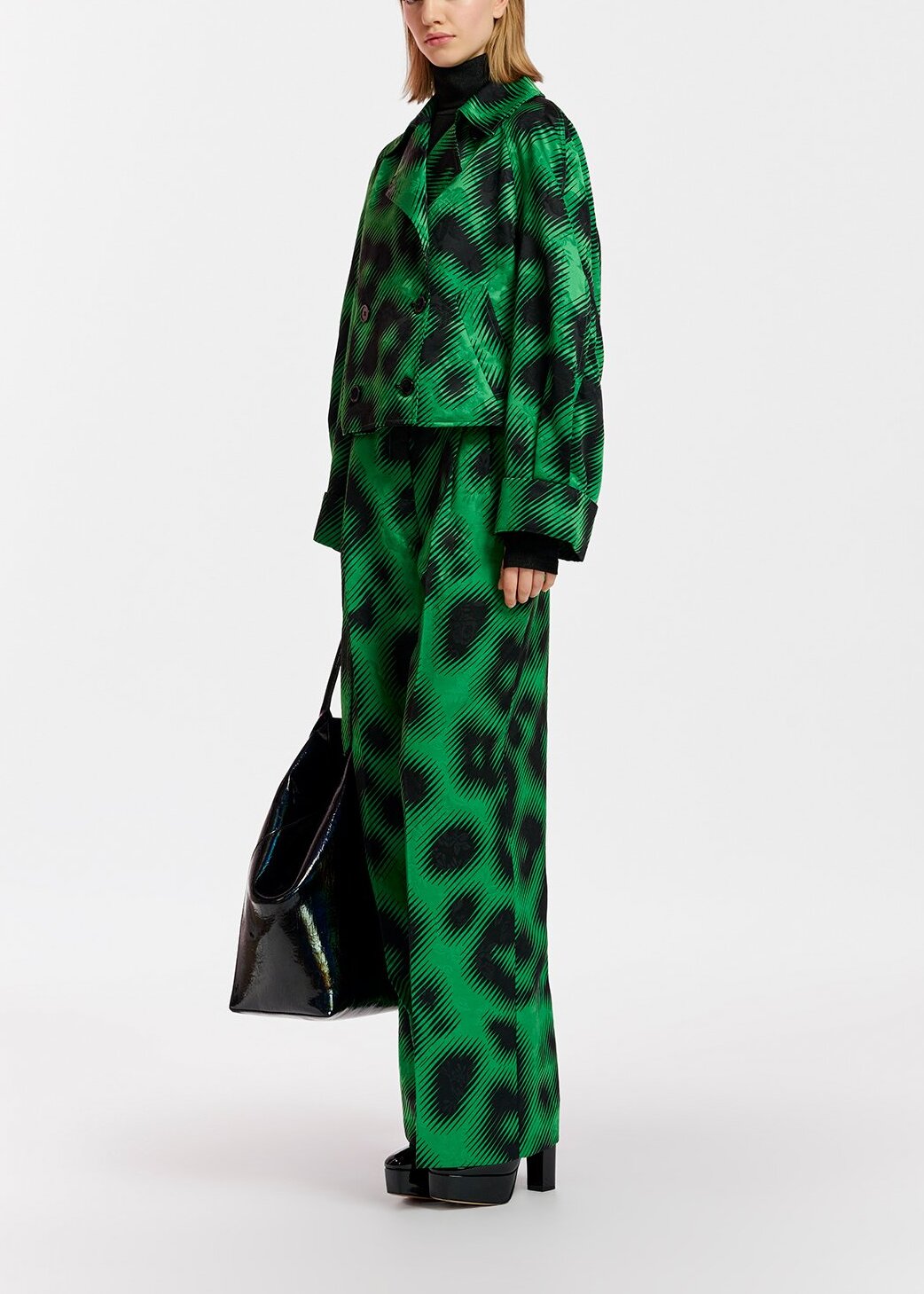 Groene jacquard broek met riem en luipaardprint RE—SSENTIEL | Essentiel second hand