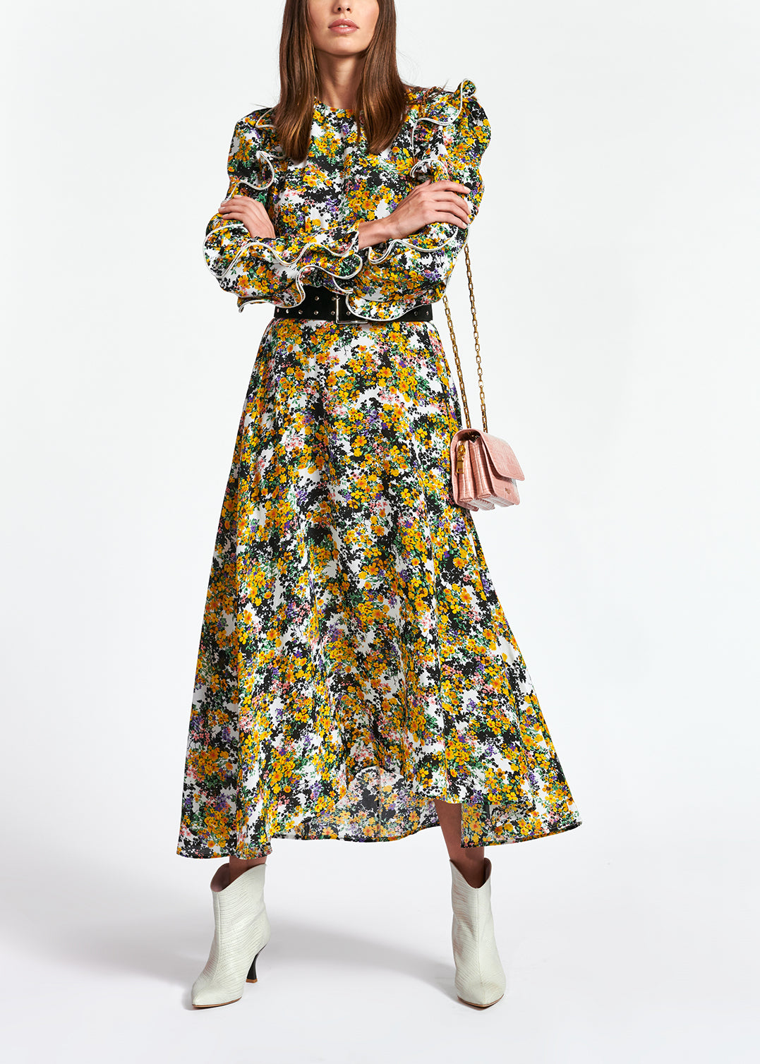 Gebroken witte maxi-jurk met bloemen en ruches RE—SSENTIEL | Essentiel second hand