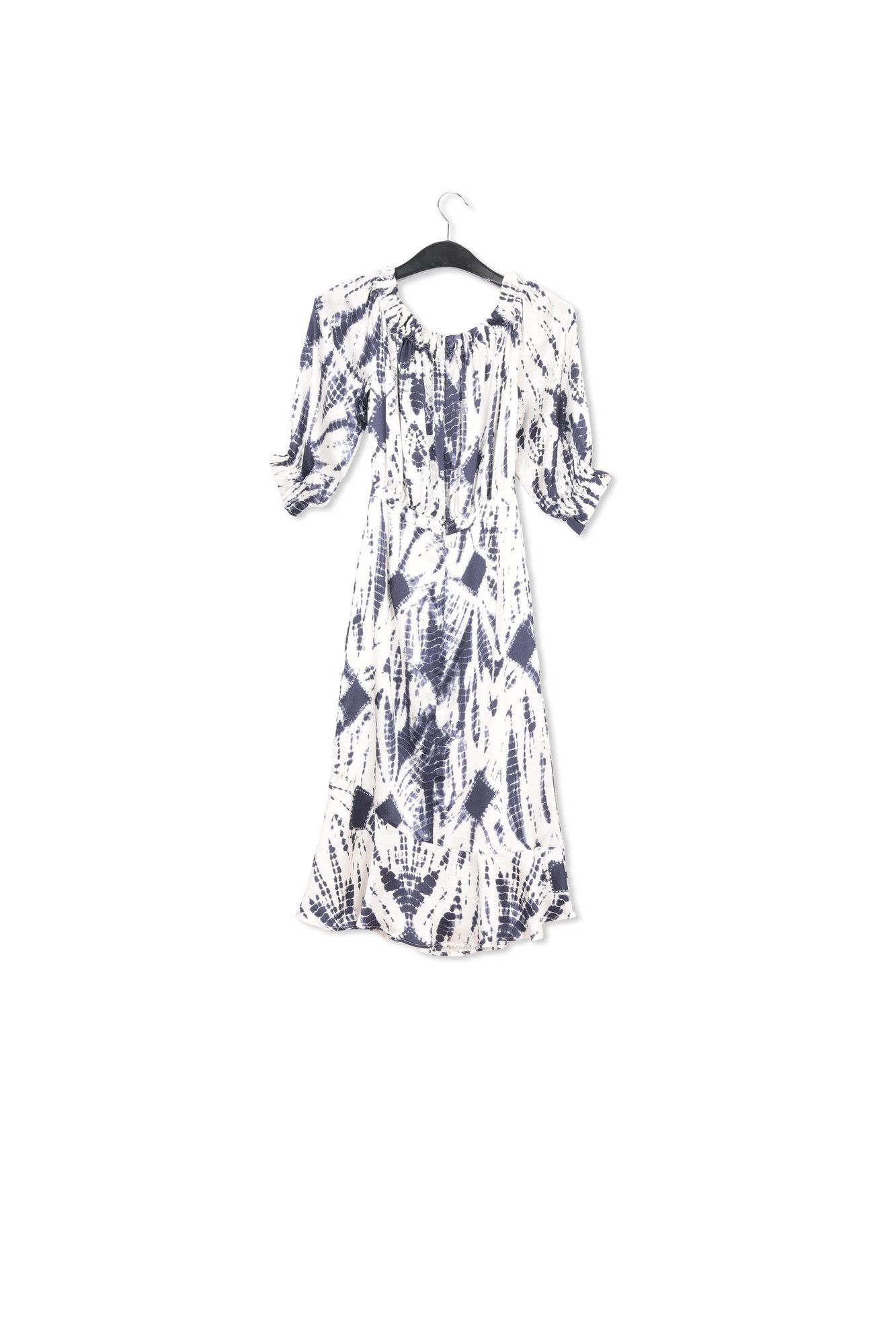 Off-white and dark blue tie-dyed off-the-shoulder silk dress RE—SSENTIEL | Essentiel second hand