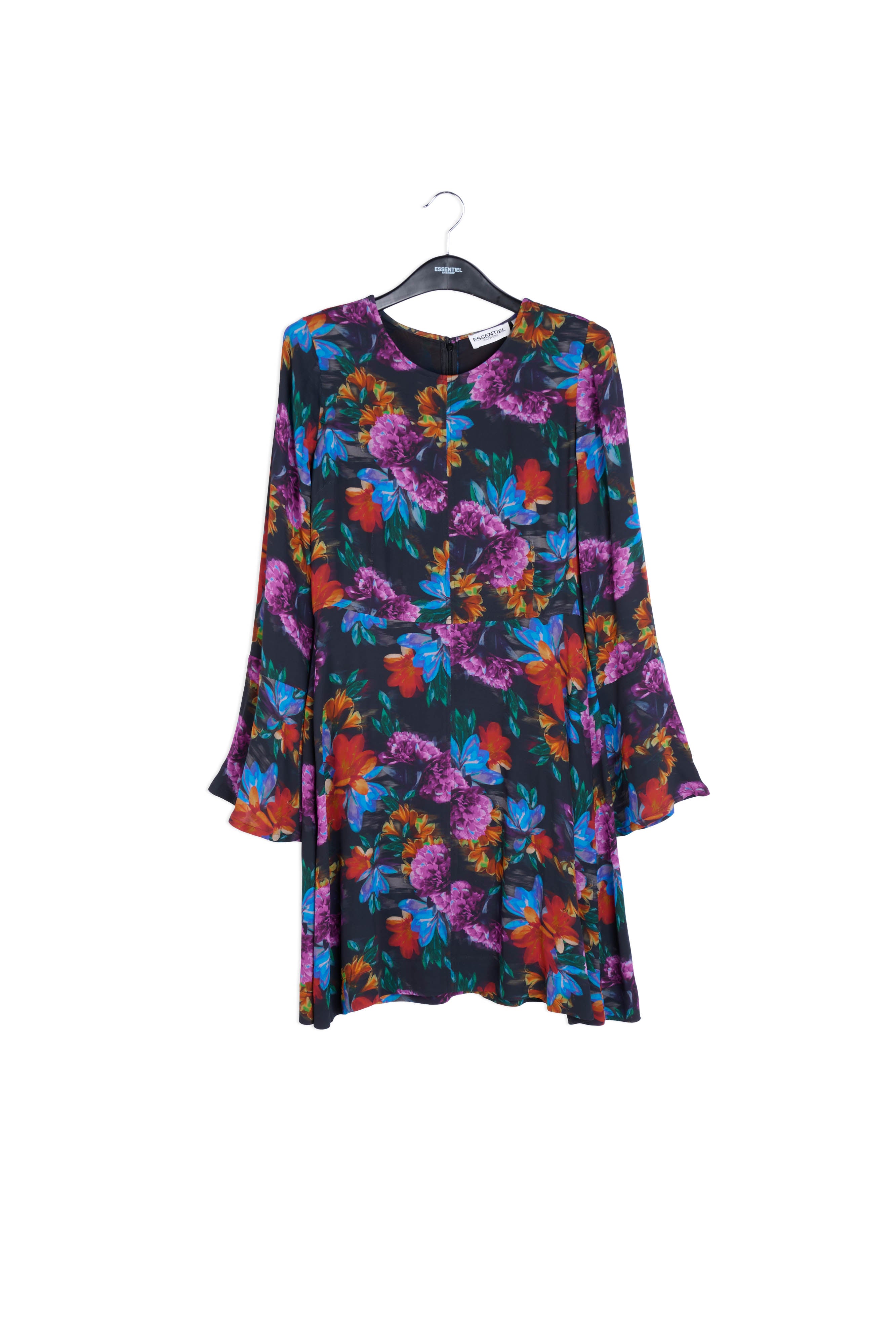 Mini-jurk met antracietgrijze, blauwe en oranje bloemenprint RE—SSENTIEL | Essentiel second hand