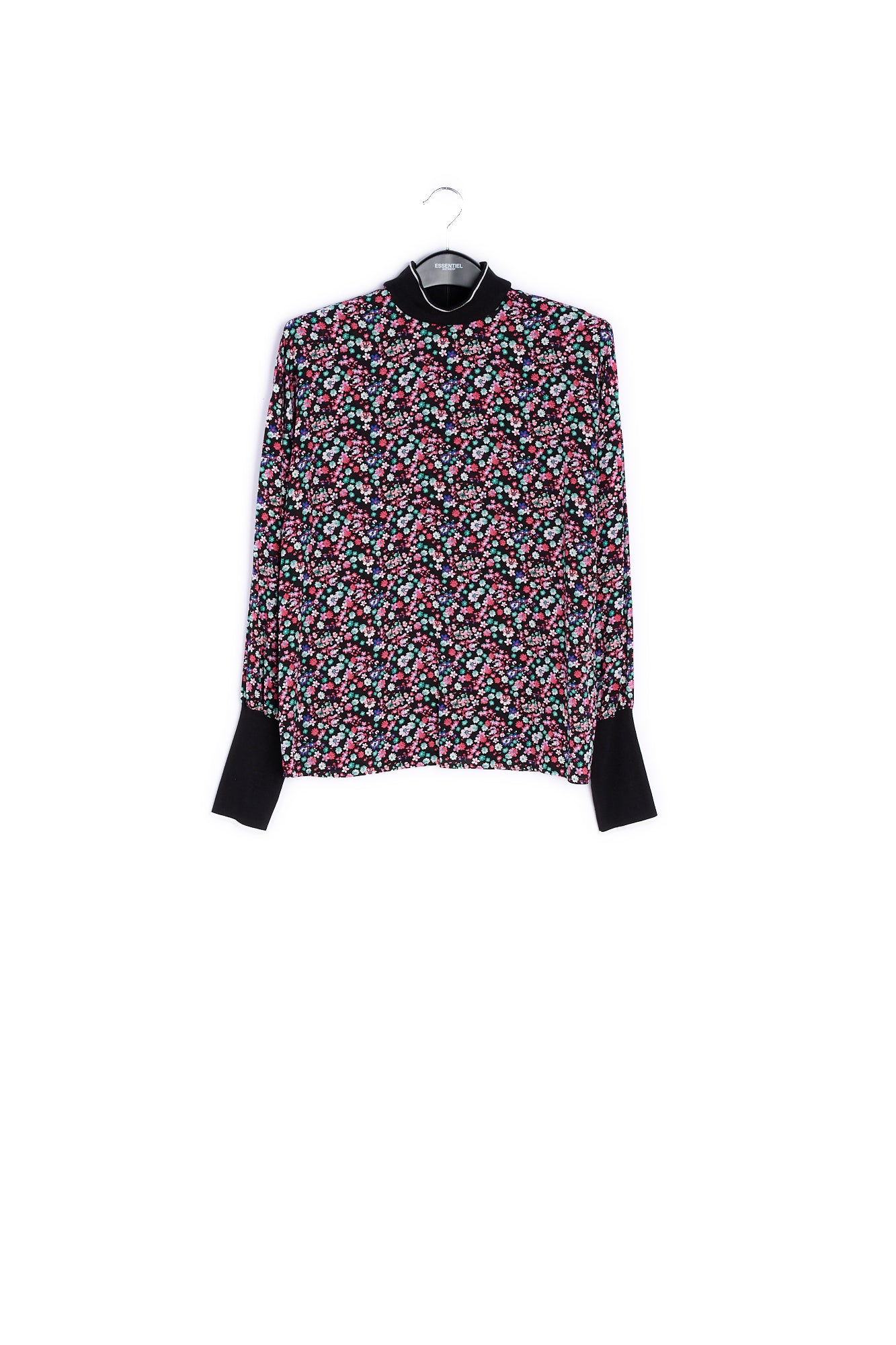 Black floral-print top with contrasting trims RE—SSENTIEL | Essentiel second hand