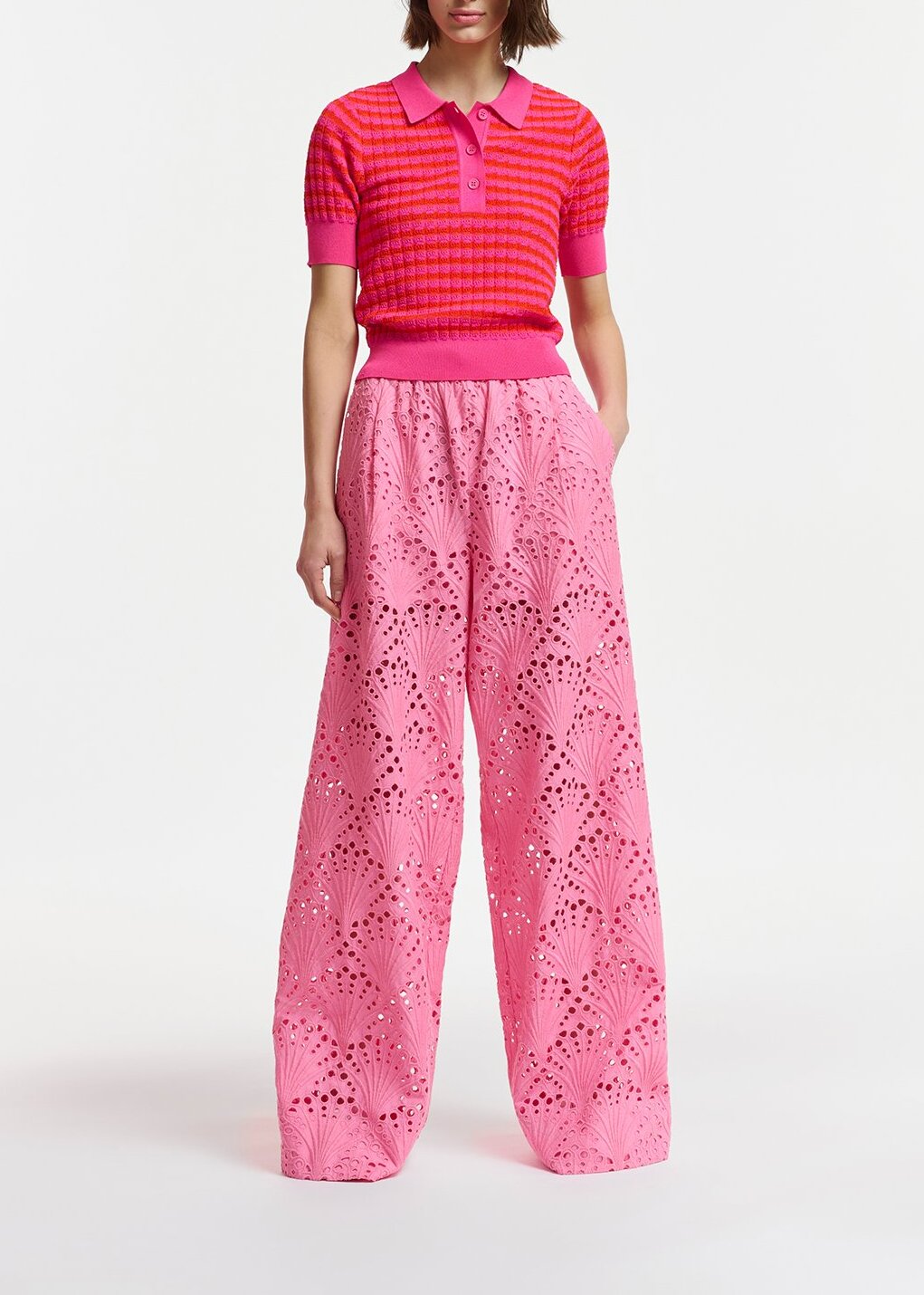 Pink and red striped knitted polo top RE—SSENTIEL | Essentiel second hand